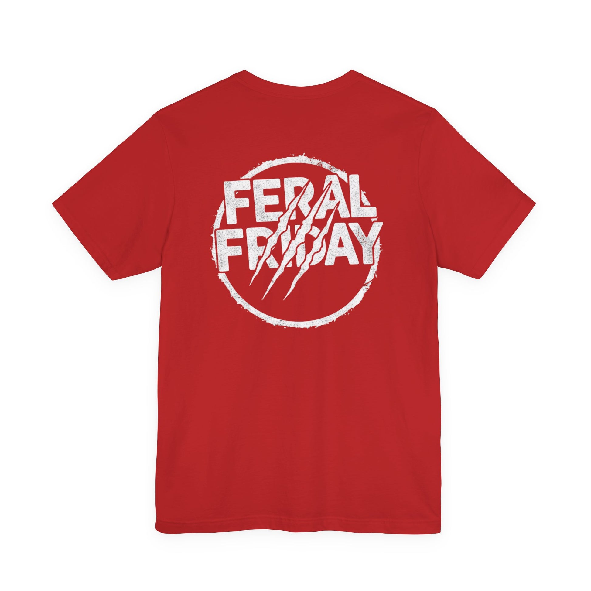 Red t-shirt with 'Feral Friday' logo on the back against a white background