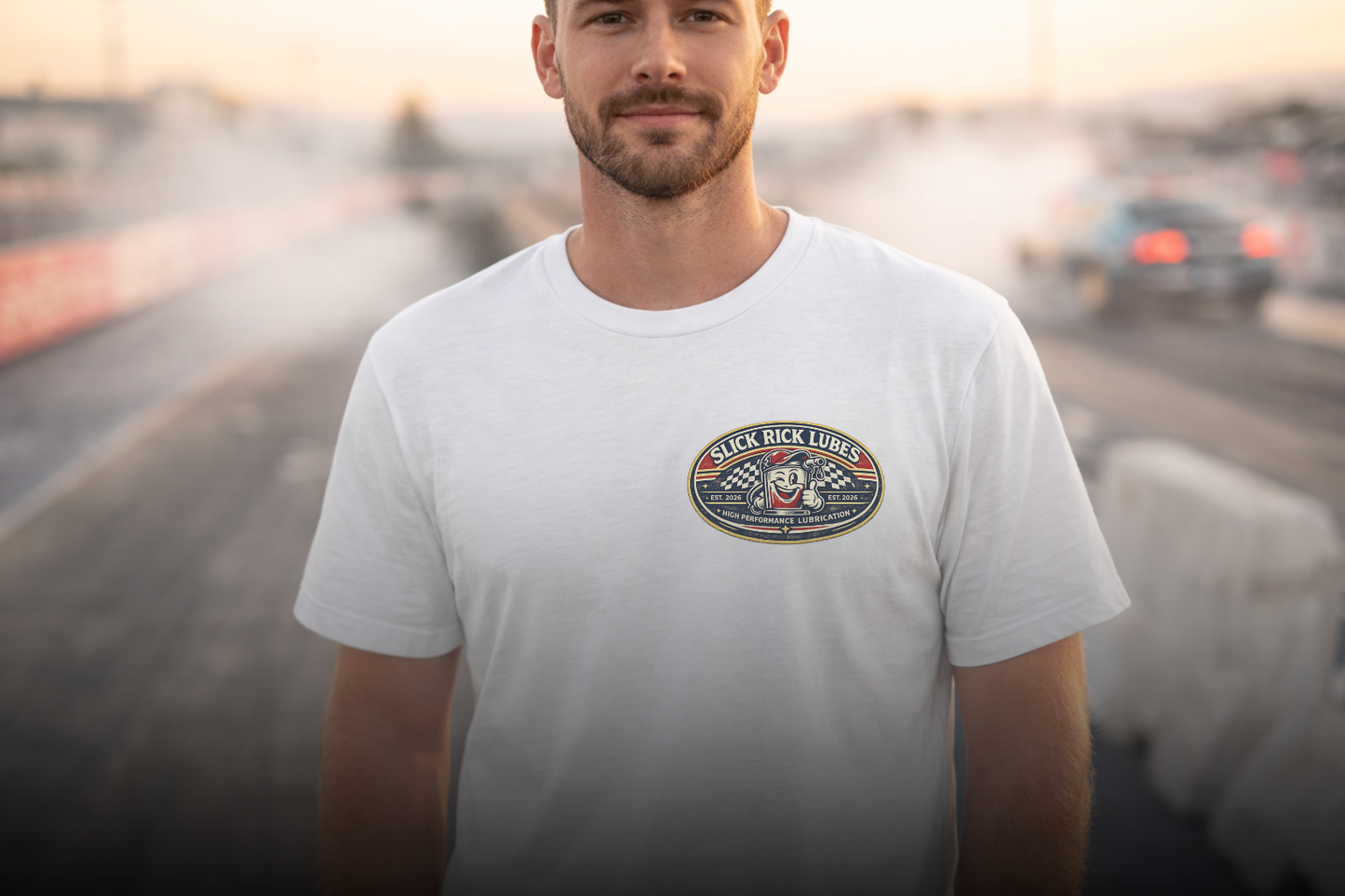 Man wearing a white t-shirt with a 'Slick Rick Lubes' logo on a blurred background of a drag strip.