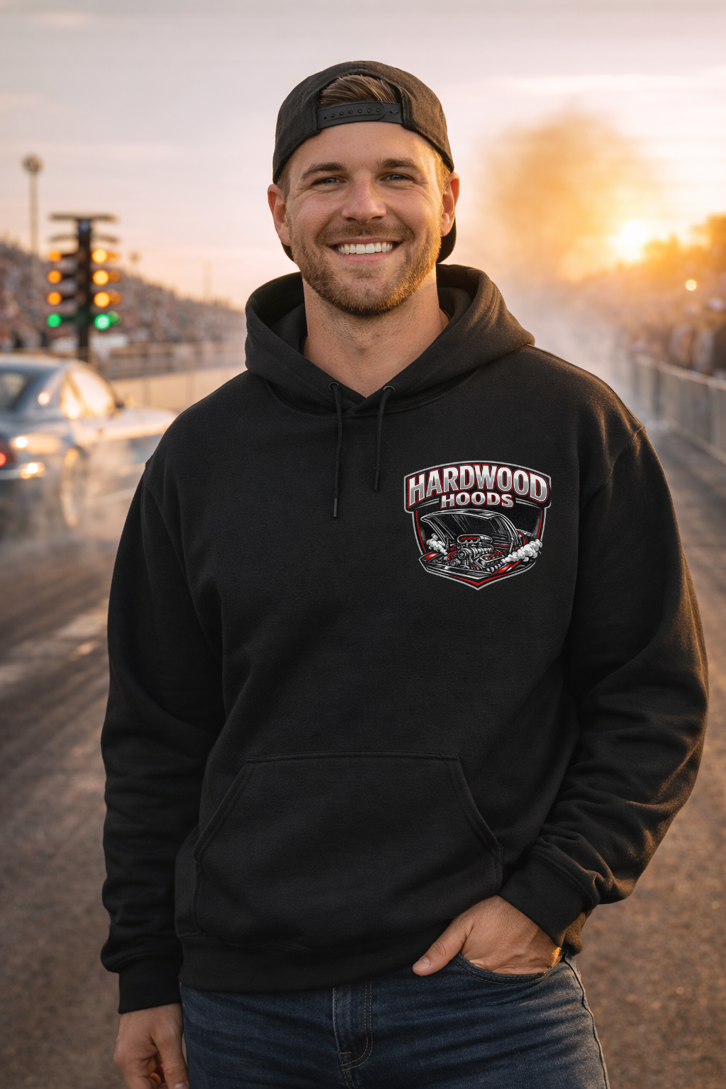 Man wearing a black hoodie with a 'Hardwood Hoods' logo on a race track