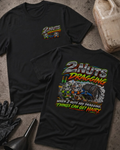 Black 2 Nuts Dragging T-shirt, front and back views with cartoon nuts pulling a racing tire and the slogan “When 2 nuts are dragging, things can get hairy.”