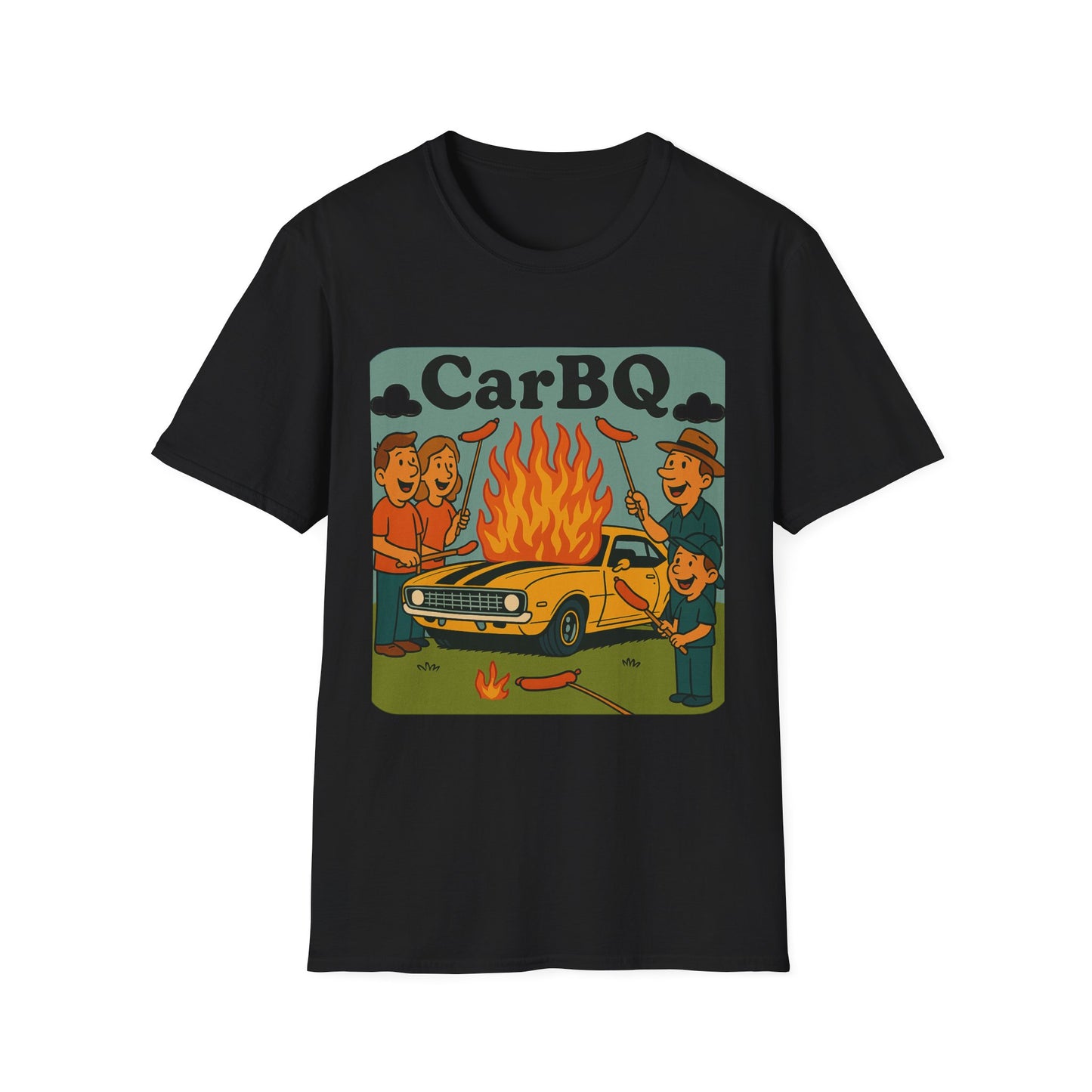 Black t-shirt with 'Car BBQ' graphic design featuring people around a car fire.