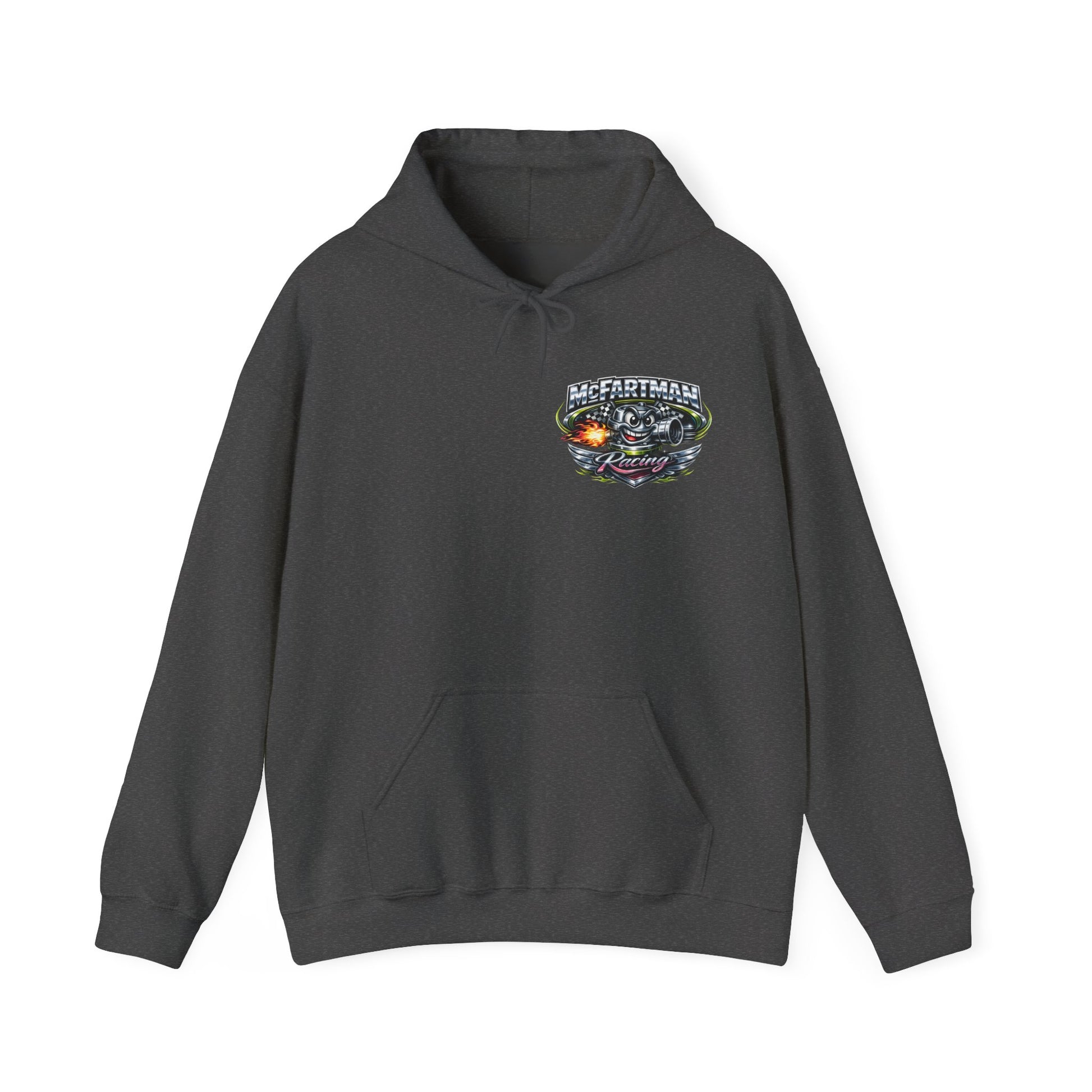 Gray hoodie with a colorful "McFartman Racing' logo on a white background