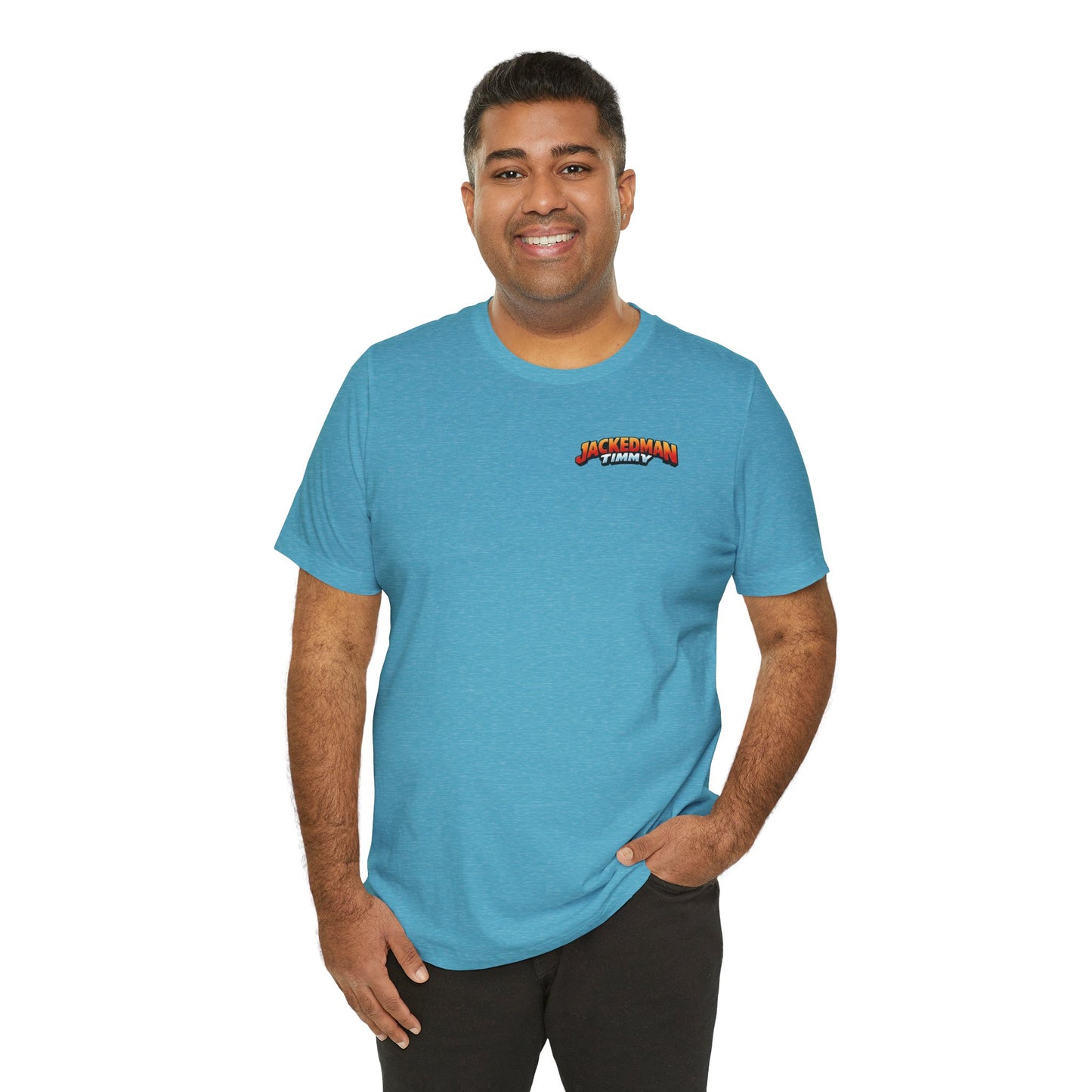 Man wearing a blue t-shirt with a 'Jackedman Timmy' logo on a white background