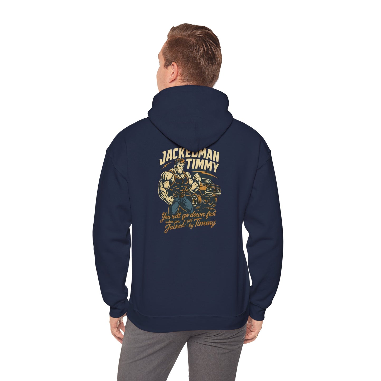 Navy hoodie with 'JACKEDMAN TIMMY'  graphic design on the back worn by a person, on a white background