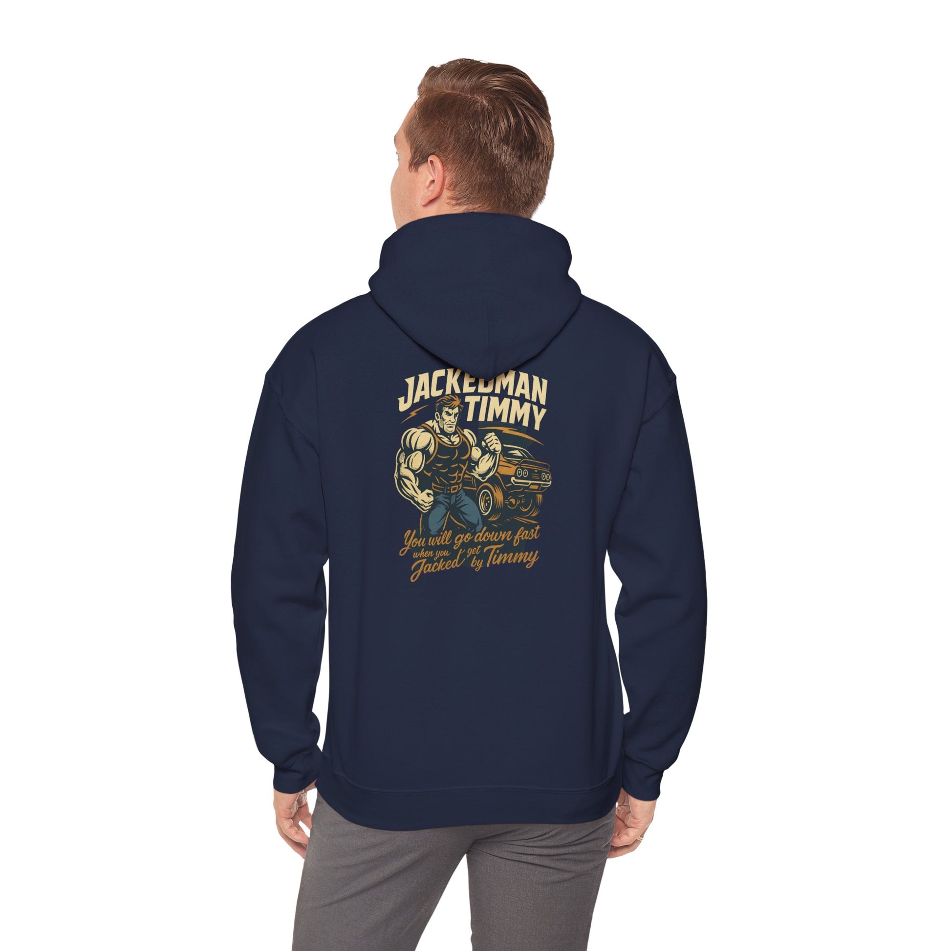 Navy hoodie with 'JACKEDMAN TIMMY'  graphic design on the back worn by a person, on a white background