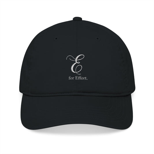 E for Effort embroidered organic cotton dad hat in black