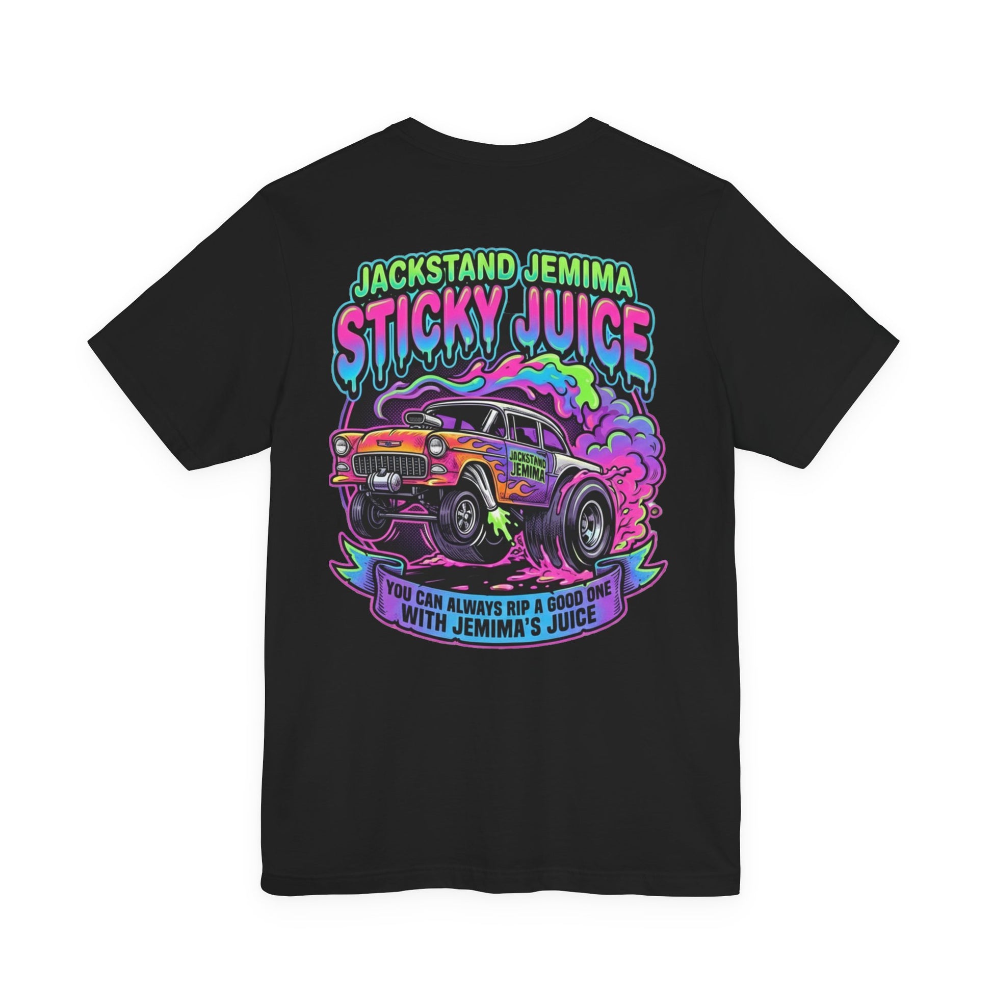 Black t-shirt with colorful graphic and  'Jackedstand Jemima Sticky Juice You Can Always Rip A Good One With Jemima's Juice' text on a white background