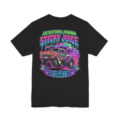 Black t-shirt with colorful graphic and  'Jackedstand Jemima Sticky Juice You Can Always Rip A Good One With Jemima's Juice' text on a white background