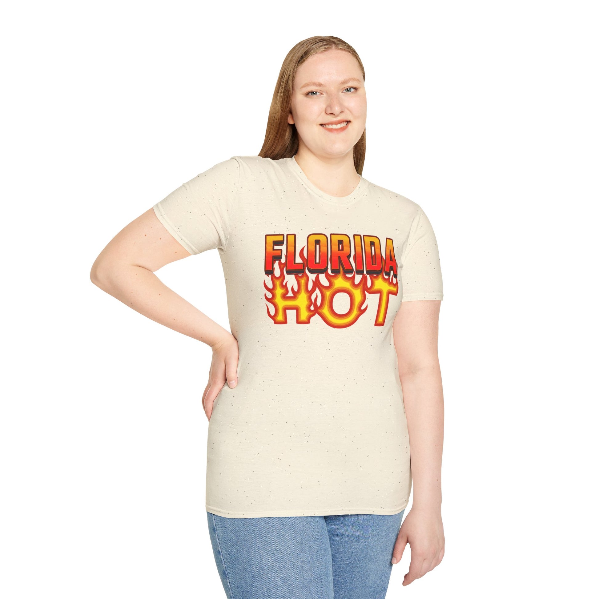 Woman wearing a cream t-shirt with 'Florida Hot' text on a white background