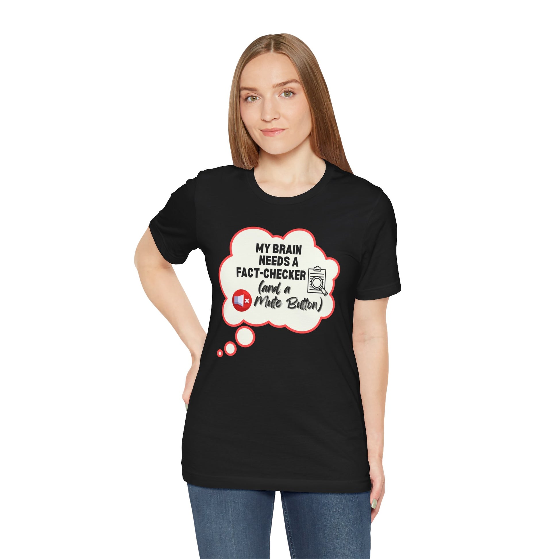 Person wearing a black t-shirt with a graphic and text on a white background