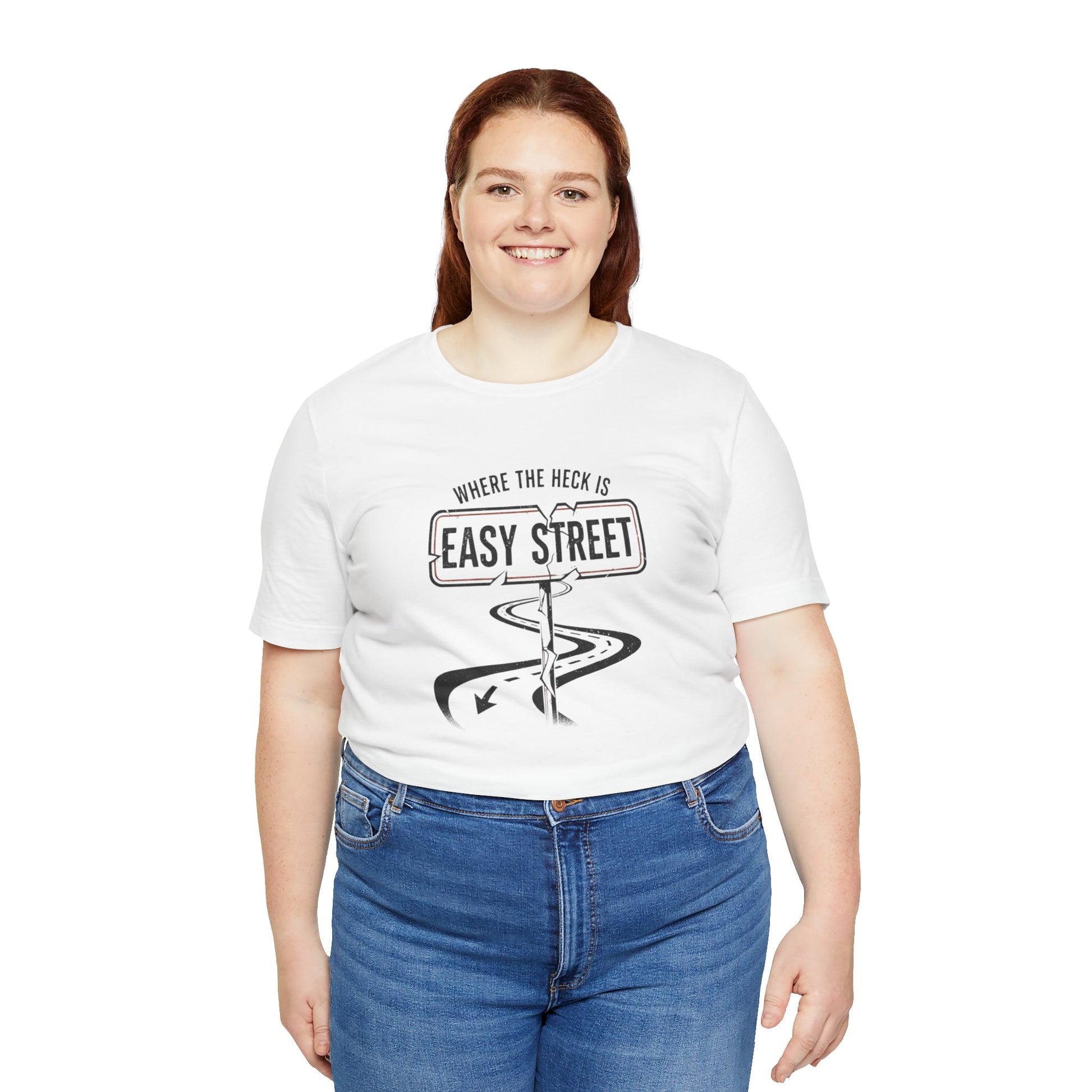 Person wearing a white t-shirt with a graphic design and text 'Where the heck is Easy Street' on a white background