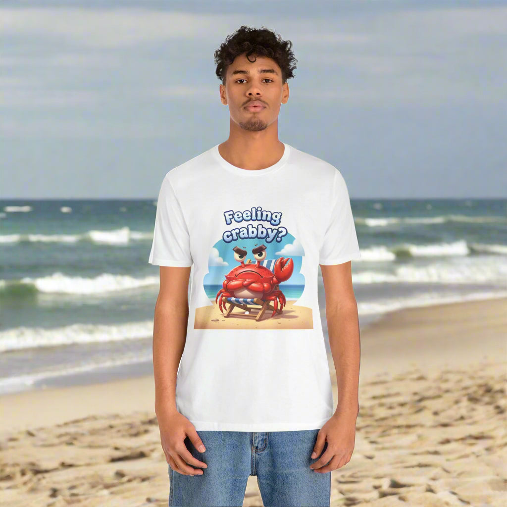 Funny ‘Feeling Crabby?’ cartoon crab beach chair t-shirt – Bella+Canvas 3001 unisex tee in white, athletic heather, black, and natural.