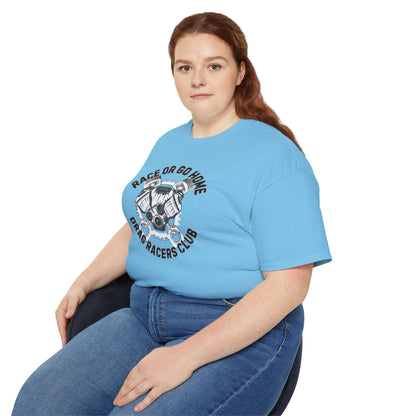 Person wearing a blue t-shirt with a graphic design and text 'RACE OR GO HOME DRAG RACERS CLUB' on a white background