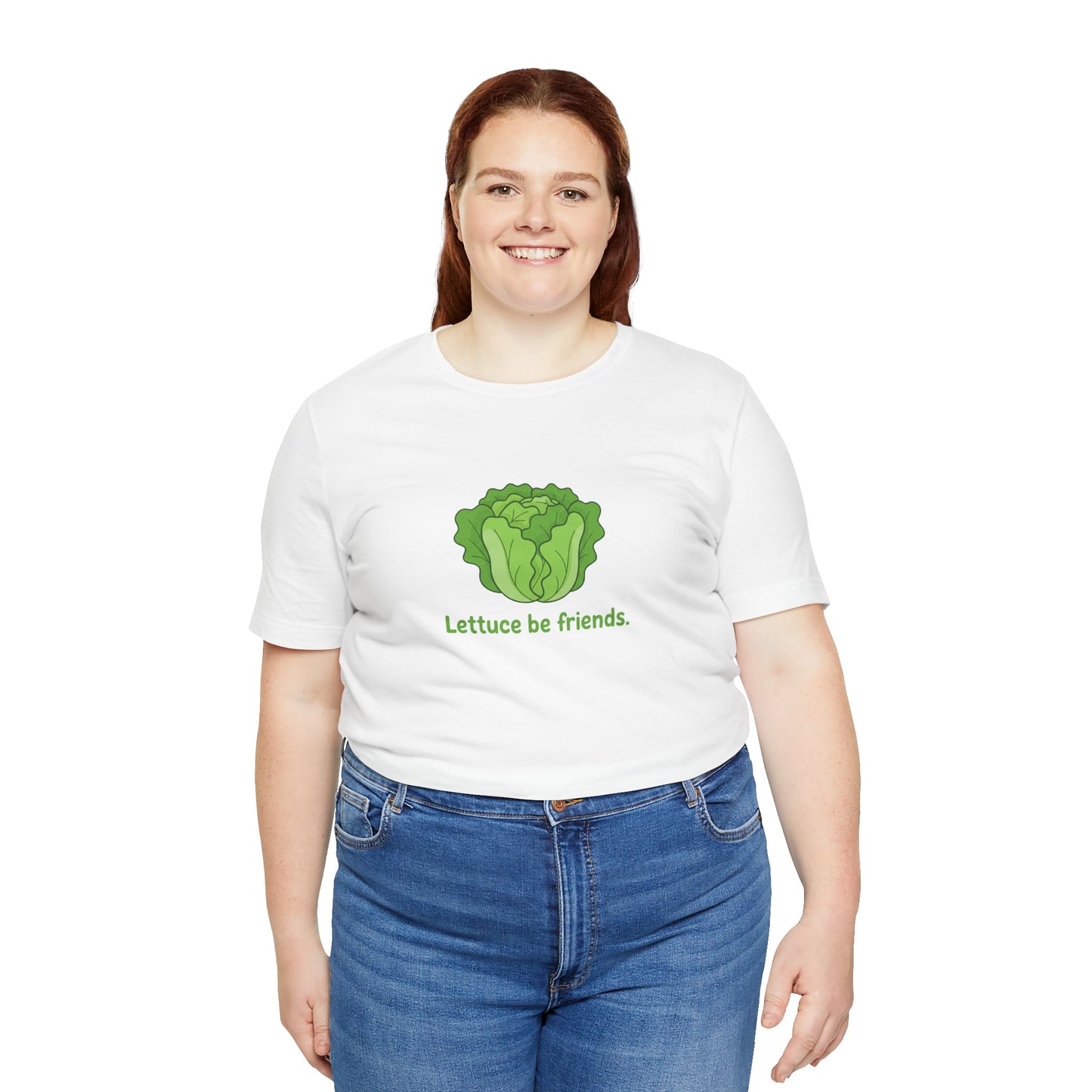 Person wearing a white t-shirt with a lettuce graphic and text 'Lettuce be friends' on a white background