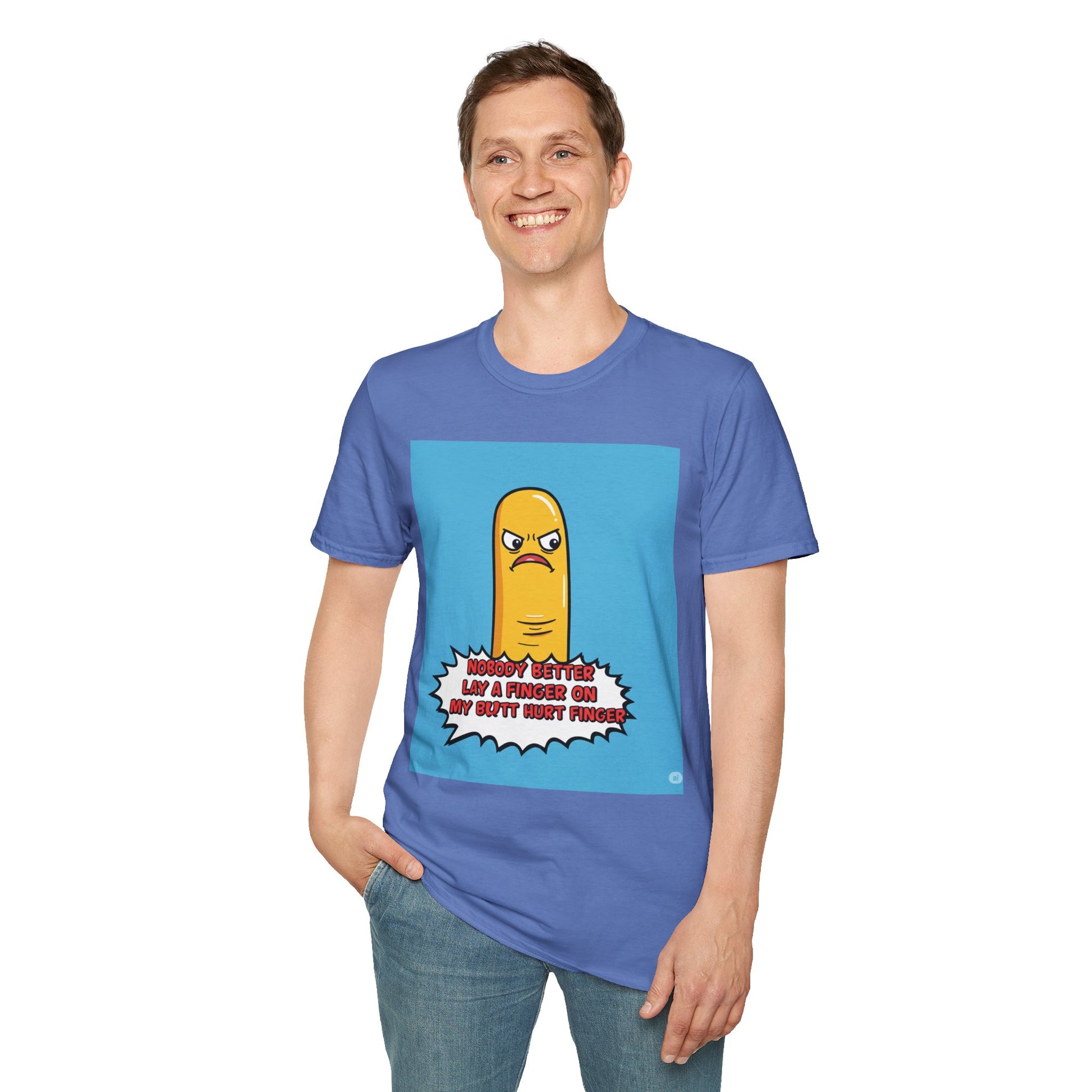 Person wearing a blue t-shirt with a graphic design and text 'Nobody better lay a finger on my butt hurt finger' on a white background