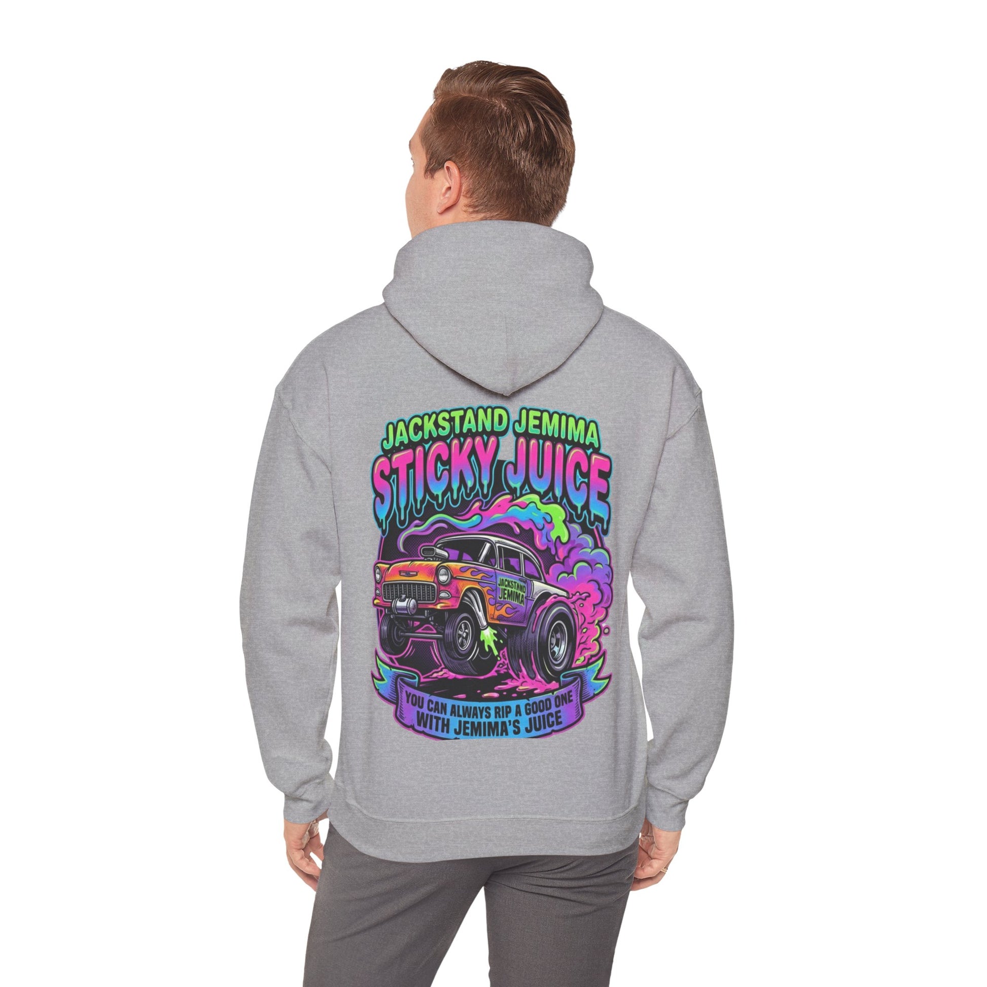 Person wearing a gray hoodie with a colorful graphic and 'Jackstand Jemima Sticky Juice You Can Always Rip A Good One With Jemima's Juice' text on the back.
