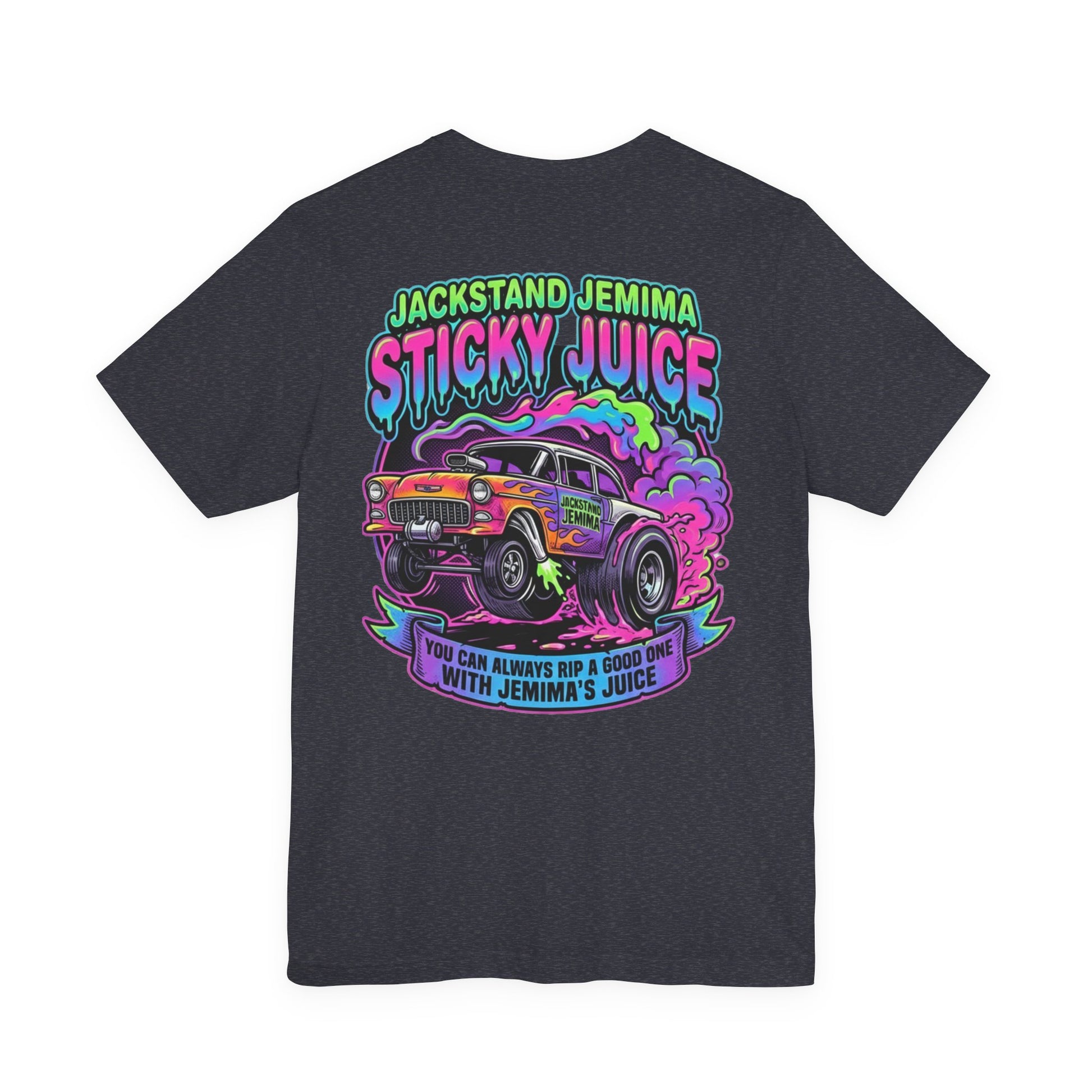 Black t-shirt with colorful graphic and  'Jackedstand Jemima Sticky Juice You Can Always Rip A Good One With Jemima's Juice' text on a white background