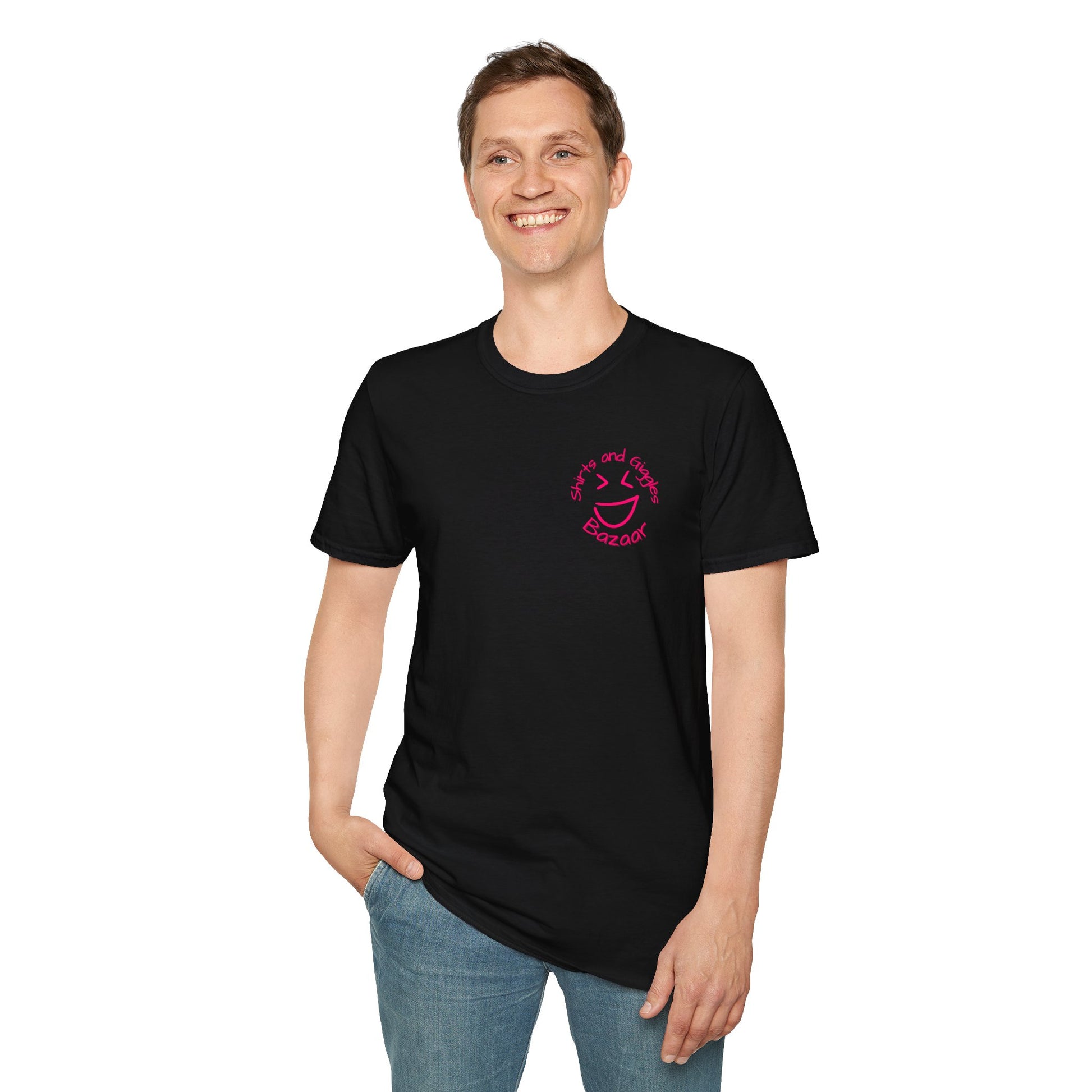 Person wearing a black t-shirt with a pink 'Shirts and Giggles Bazaar' logo
