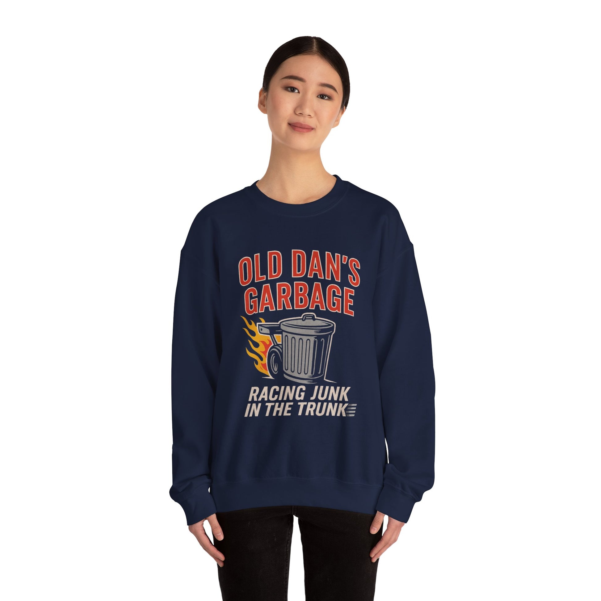 Young woman wearing a navy Gildan 18000 sweatshirt with Old Dan's Garbage Racing Junk in the Trunk graphic.