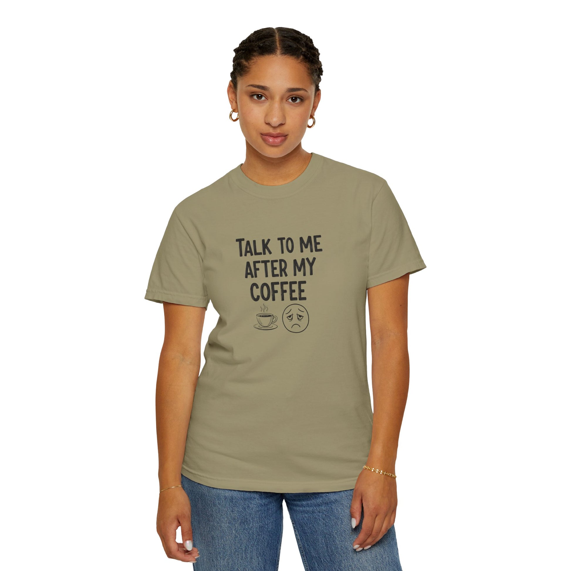 Person wearing a green t-shirt with text 'Talk to me after my coffee' and coffee graphics on a white background