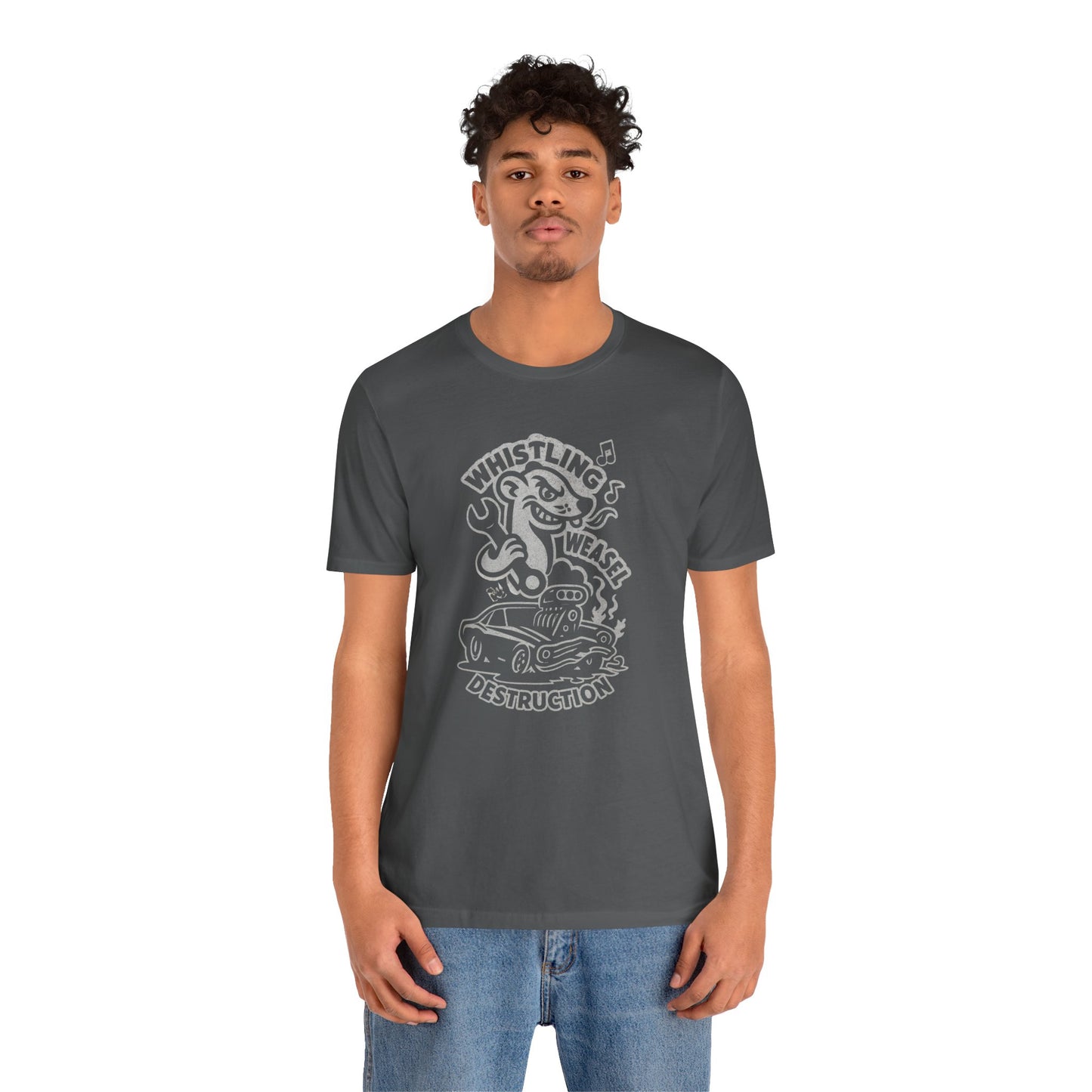 Man wearing a cartoon weasel holding a wrench behind a flame-spitting muscle car with “Whistling Weasel Destruction” text—funny asphalt drag racing t-shirt for motorsport fans.
