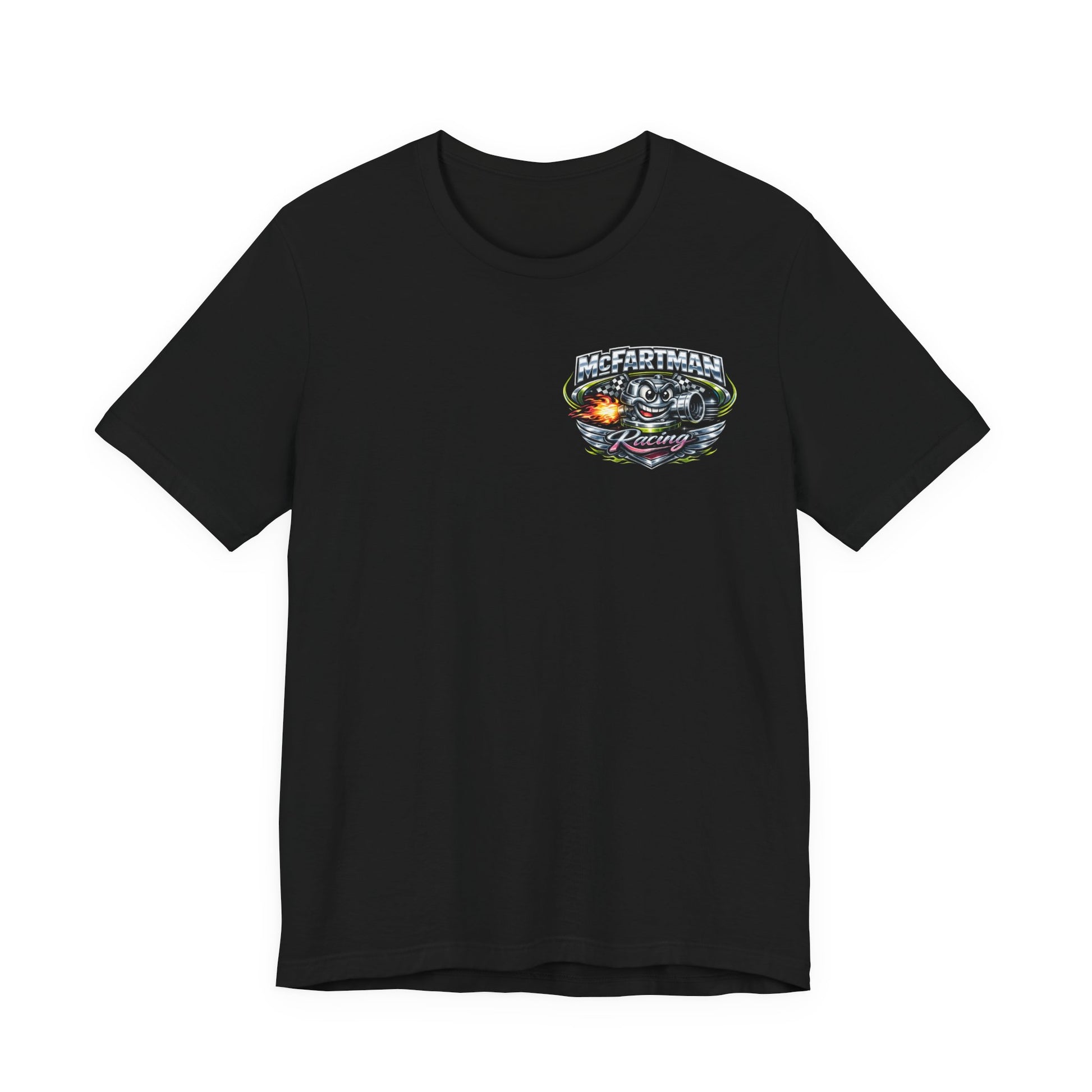 Black t-shirt with a colorful graphic and 'McFartman Racing' text on a white background