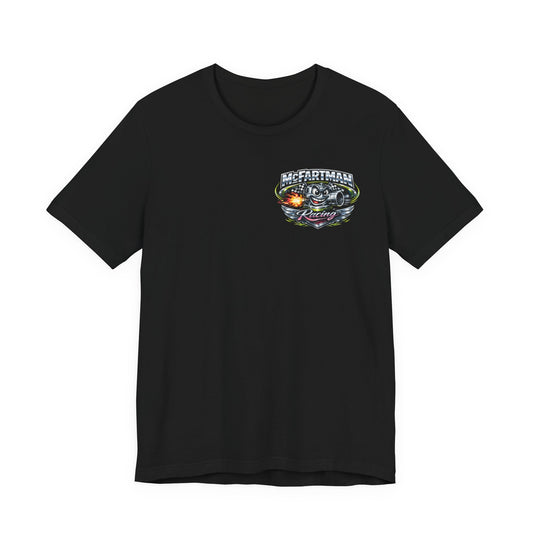 Black t-shirt with a colorful graphic and 'McFartman Racing' text on a white background
