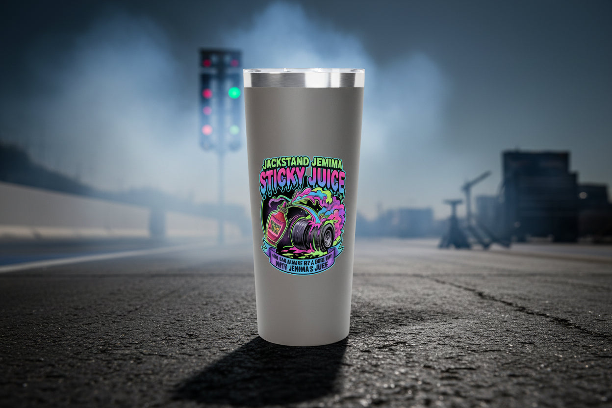  Gray 22 oz tumbler with a colorful burnout graphic showing a racing tire smoking beside a bottle labeled ‘Sticky Juice,’ with the text ‘Jackstand Jemima Sticky Juice’ above it.