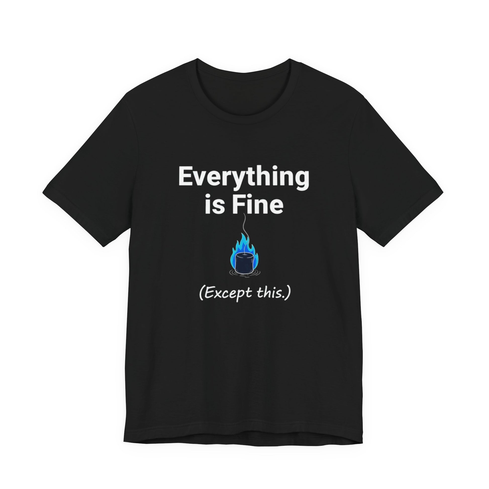 Black t-shirt with 'Everything is Fine (Except this)' text and blue flame graphic on a white background