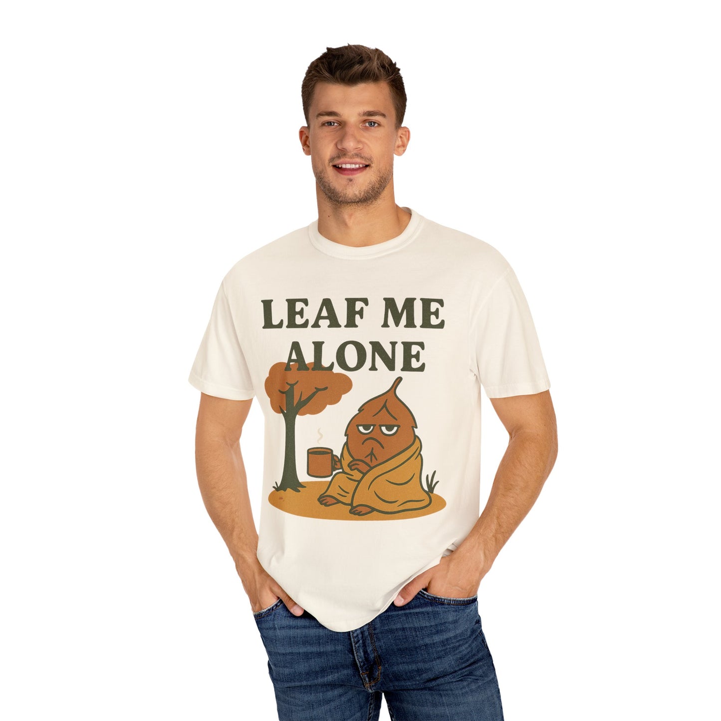 Man wearing a t-shirt with a cartoon character and 'Leaf Me Alone' text on a white background