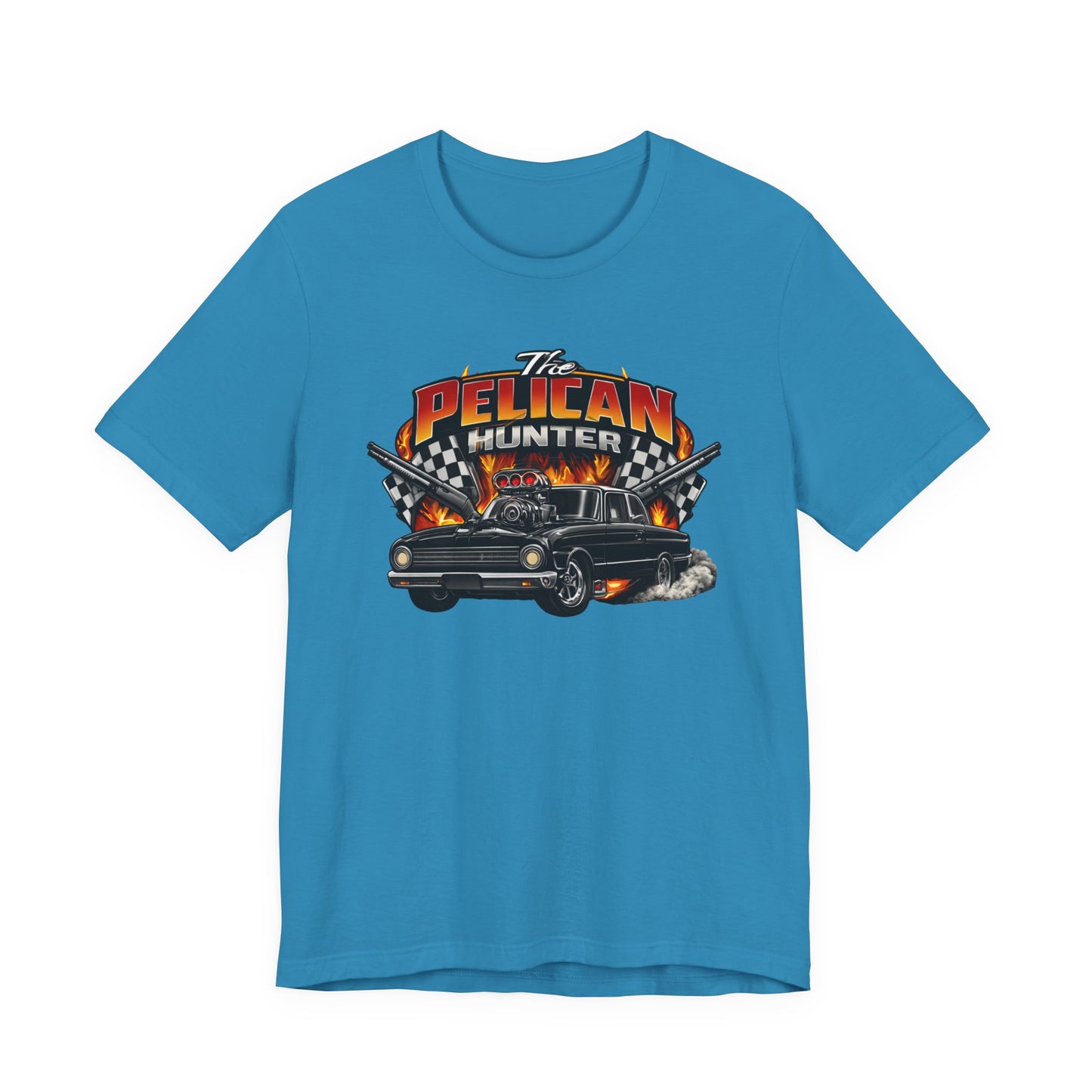 Blue t-shirt with a graphic design of a car and 'The Pelican Hunter' text on a white background