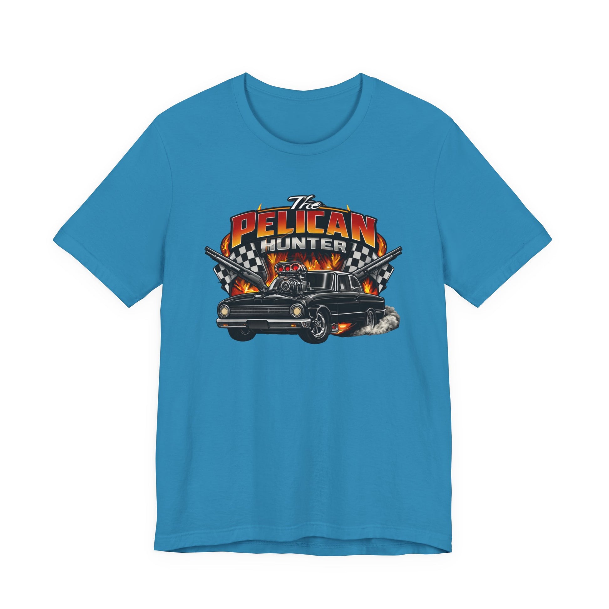 Blue t-shirt with a graphic design of a car and 'The Pelican Hunter' text on a white background