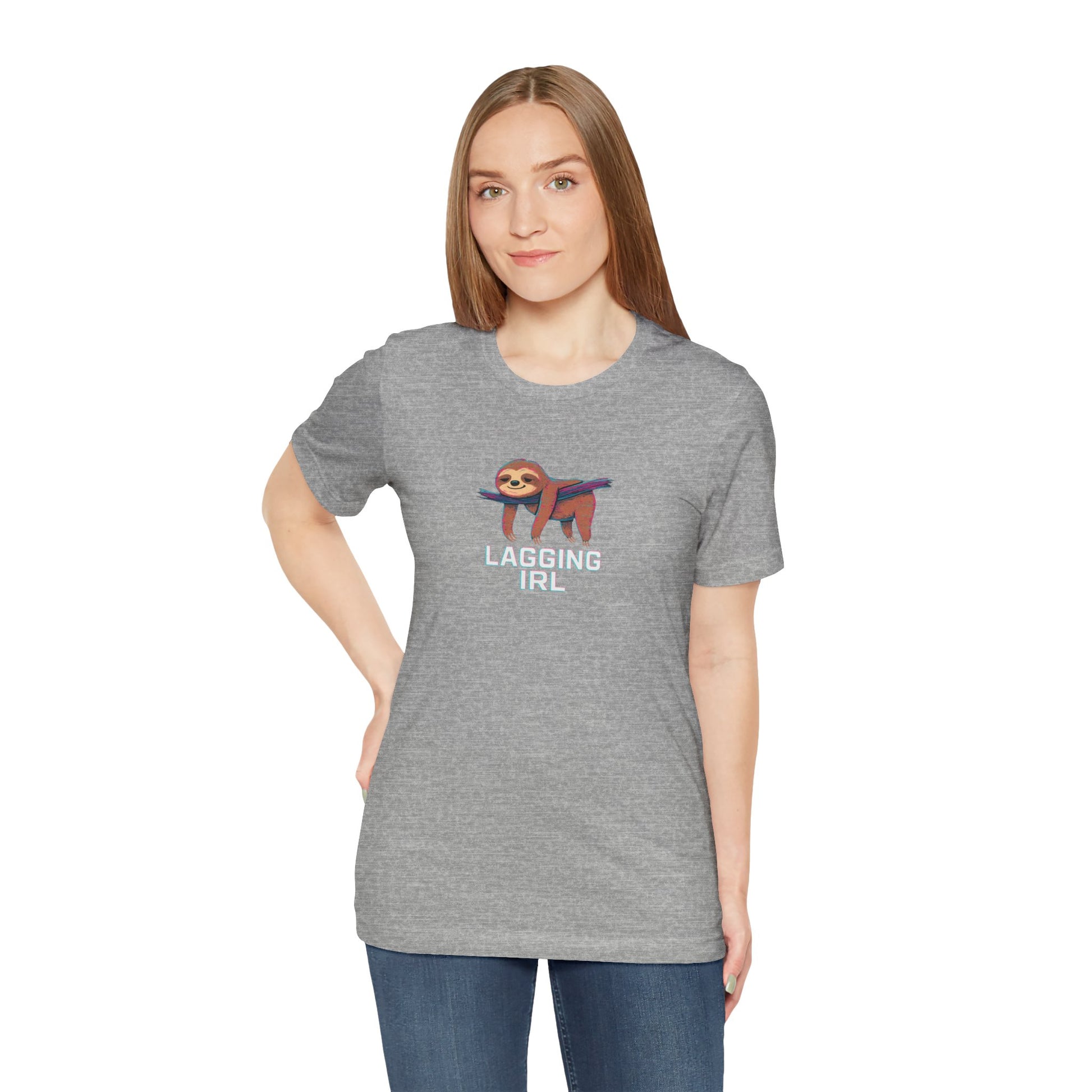 Woman wearing a gray t-shirt with a sloth graphic and text 'Lagging IRL' on a white background