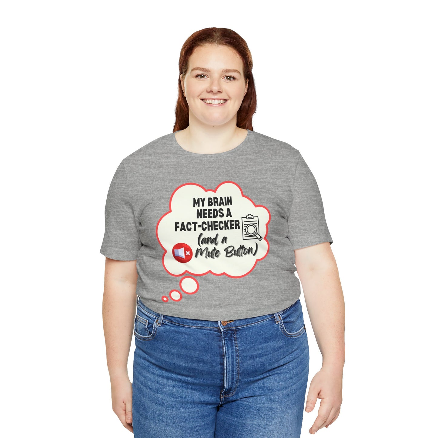 Person wearing a gray t-shirt with a graphic and text on a white background