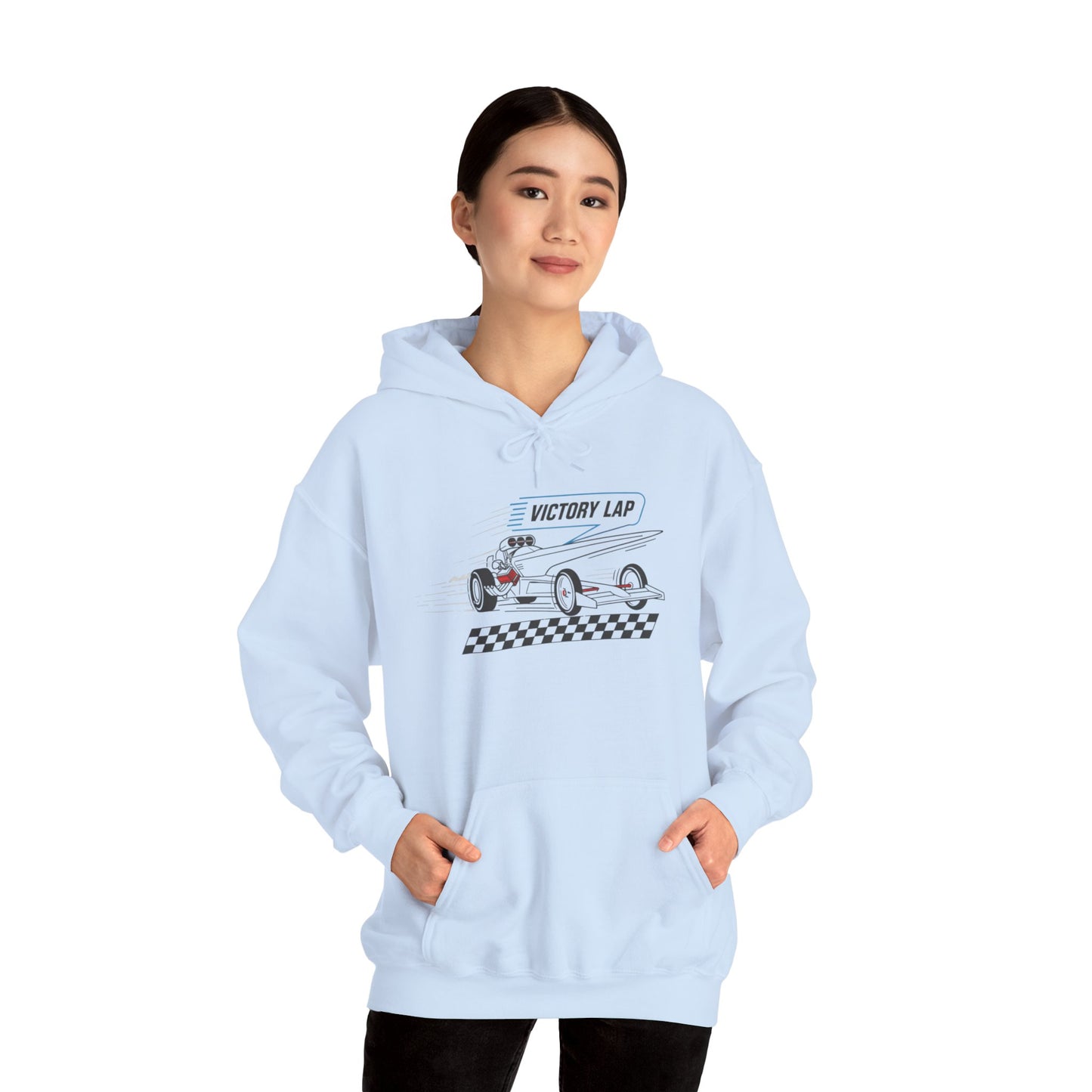 Light blue hoodie with race car graphic and text 'VICTORY LAP' worn by a model on a white background