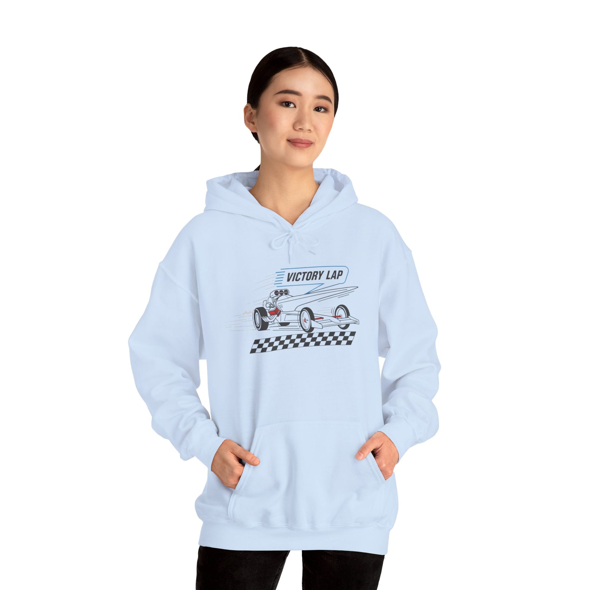 Light blue hoodie with race car graphic and text 'VICTORY LAP' worn by a model on a white background