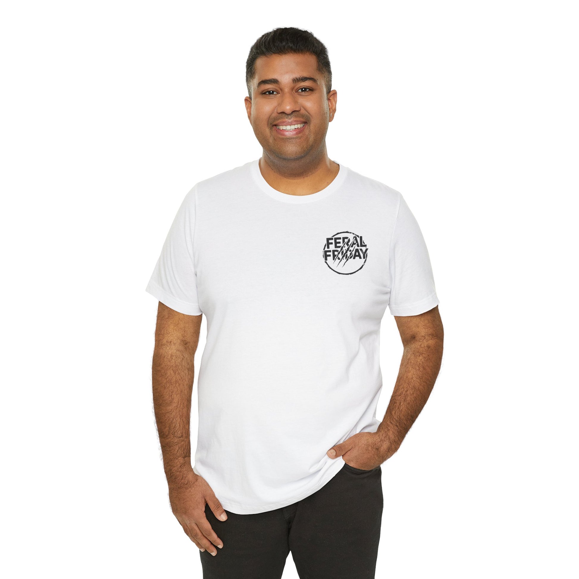 Man wearing a white t-shirt with a 'Feral Friday' logo on a white background