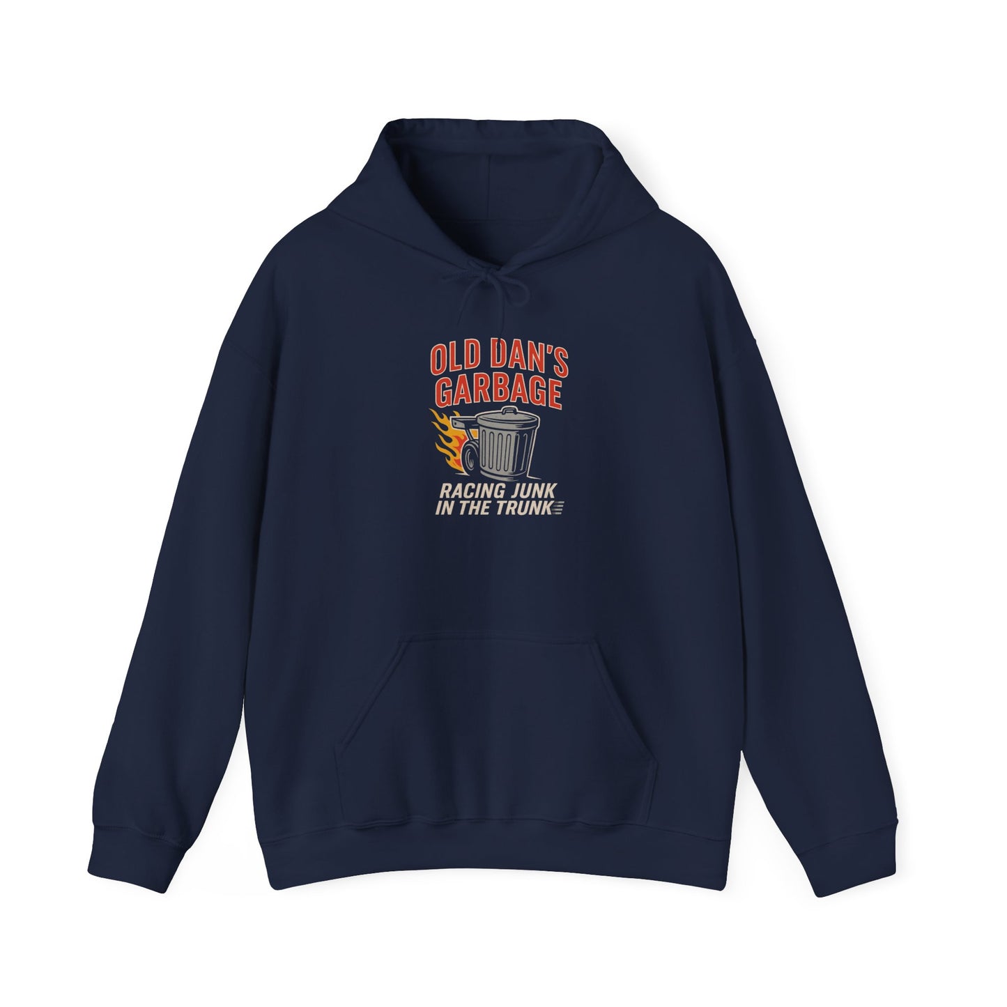 Navy blue hoodie with Old Dan's Garbage Racing Junk In The Trunk graphic design on a white background
