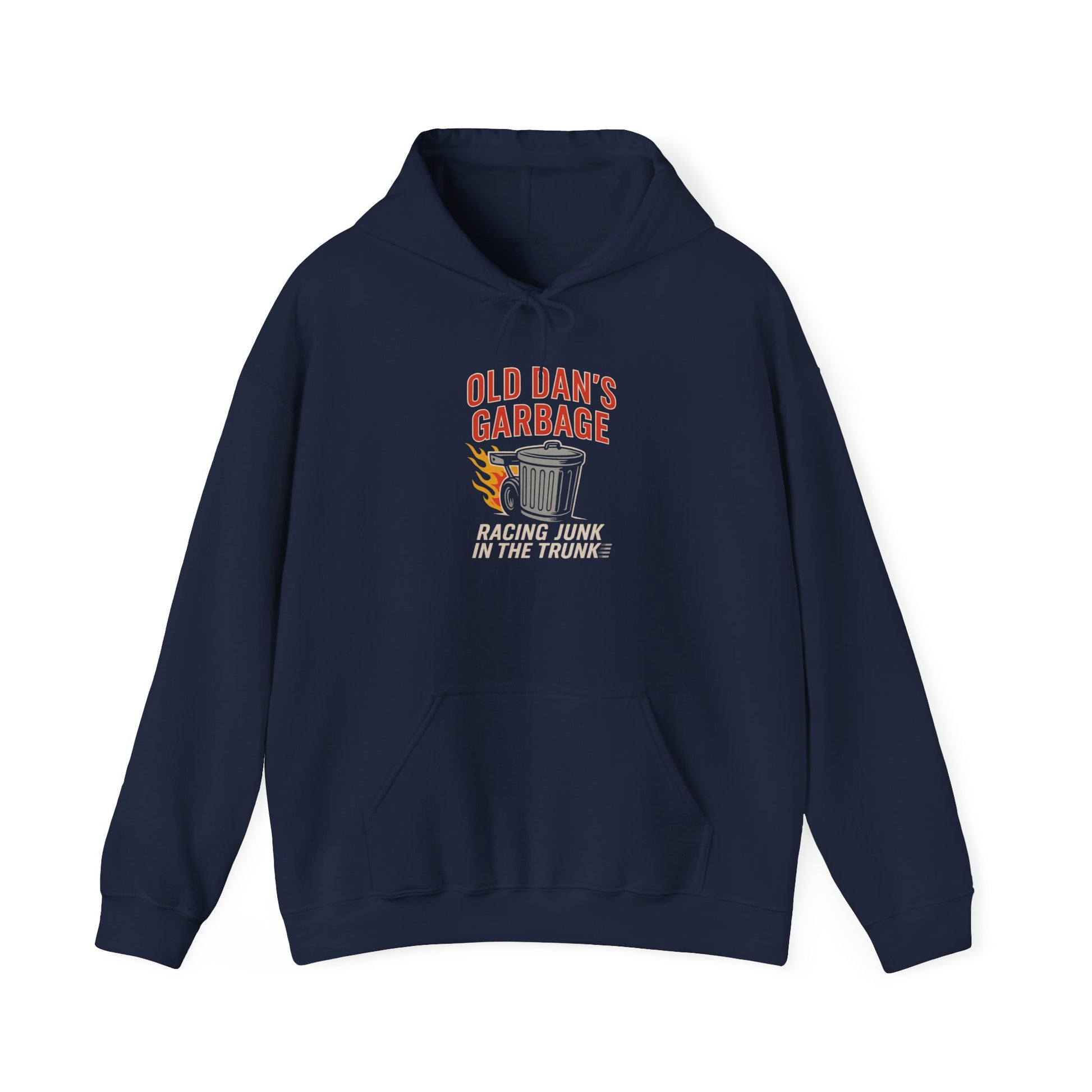 Navy blue hoodie with Old Dan's Garbage Racing Junk In The Trunk graphic design on a white background