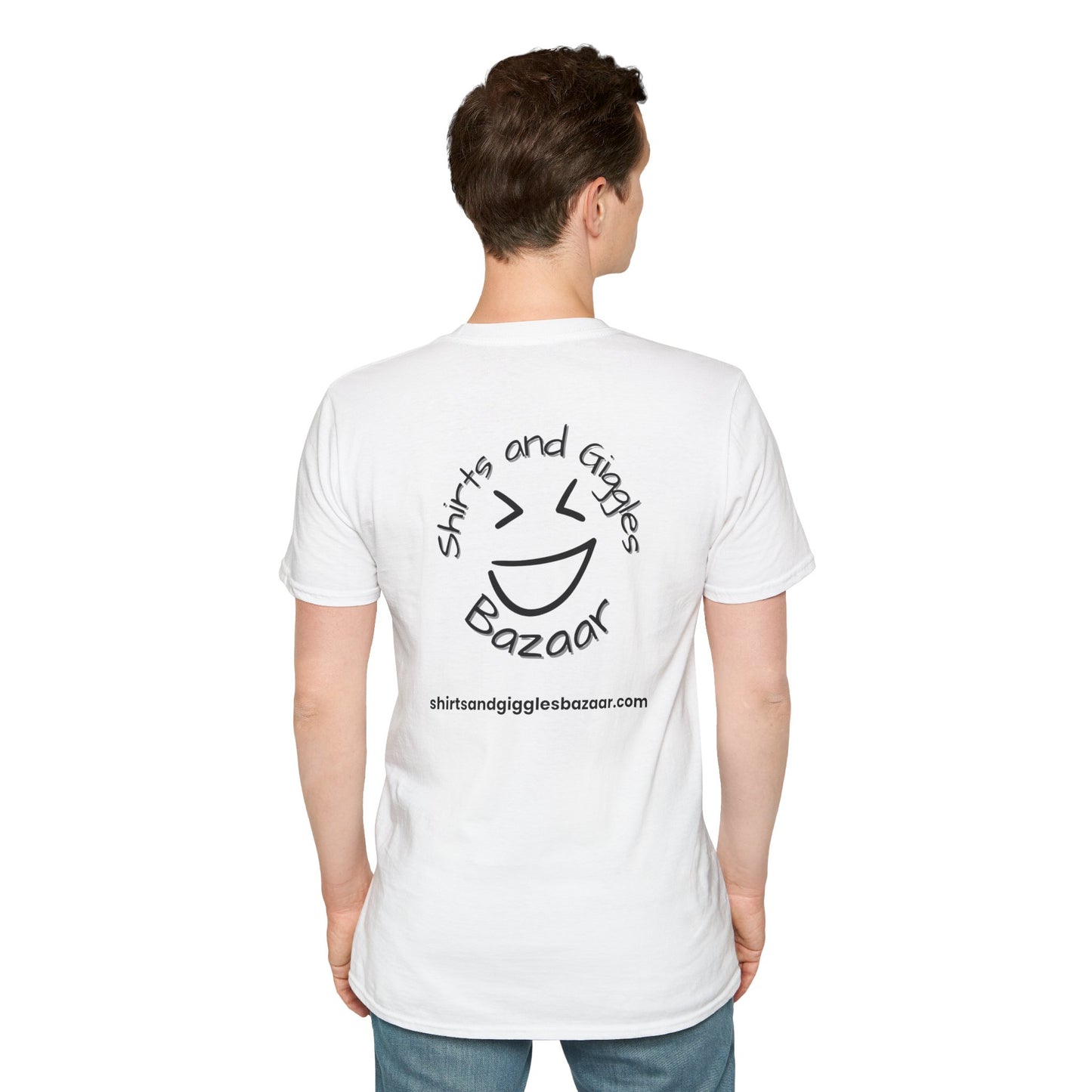 Person wearing a white t-shirt with a 'Shirts and Giggles Bazaar' logo on the back