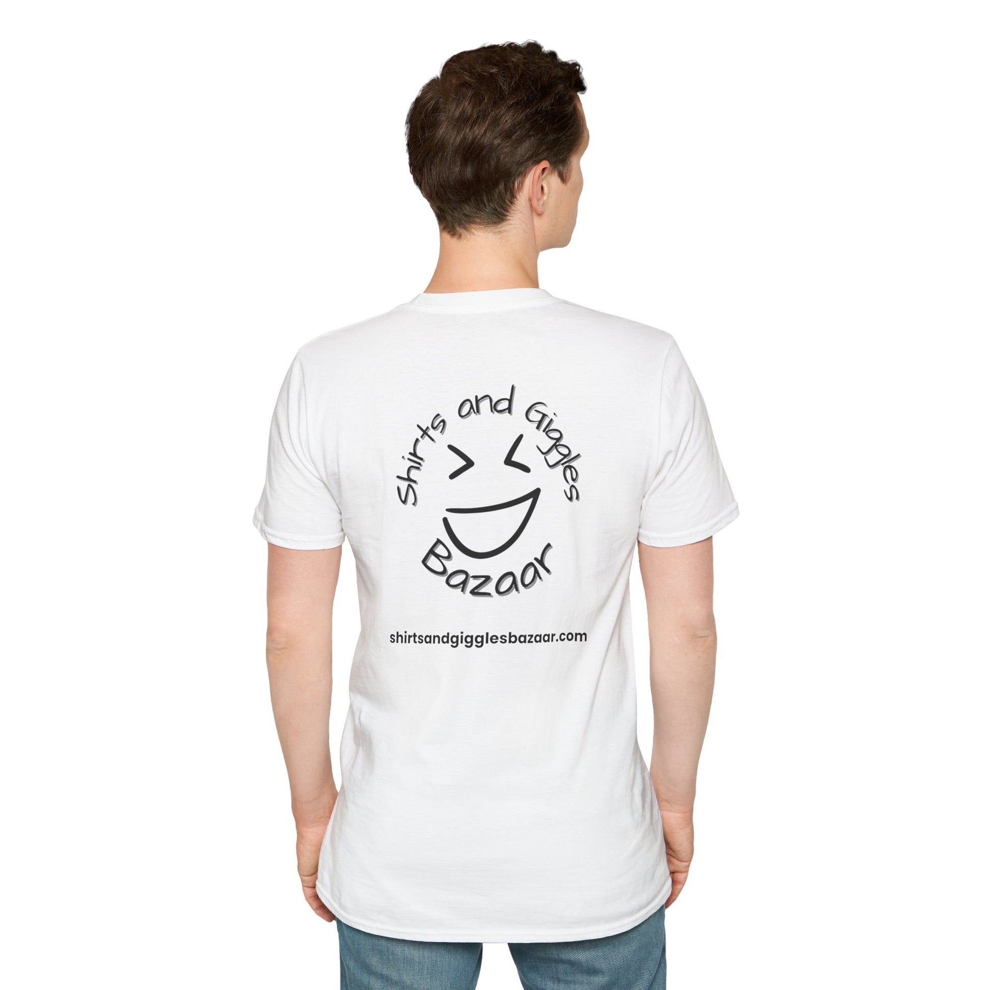 Person wearing a white t-shirt with a 'Shirts and Giggles Bazaar' logo on the back