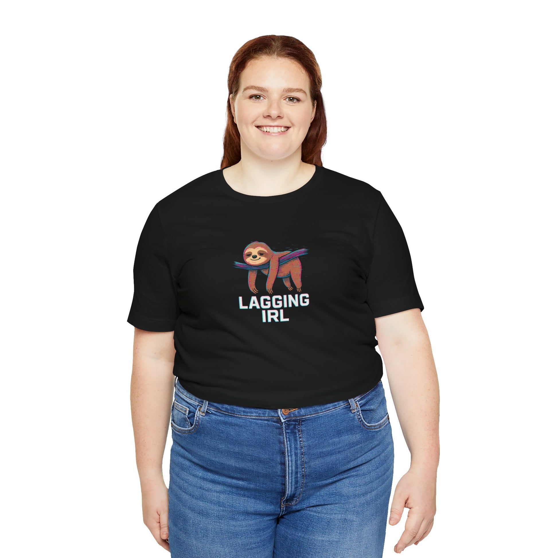 Person wearing a black t-shirt with a sloth graphic and text 'Lagging IRL' on a white background