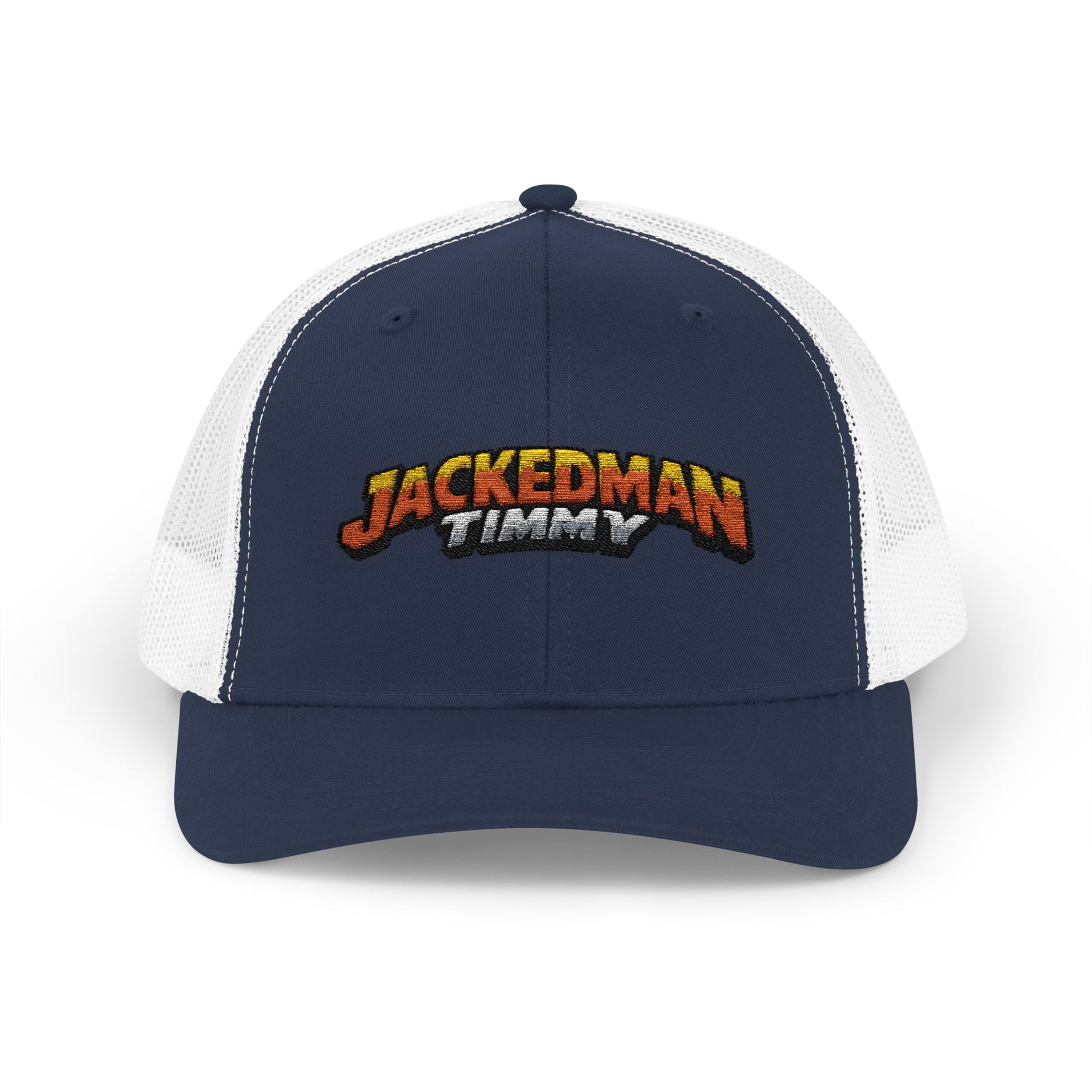 Navy and white cap with 'Jackedman Timmy' logo on a white background