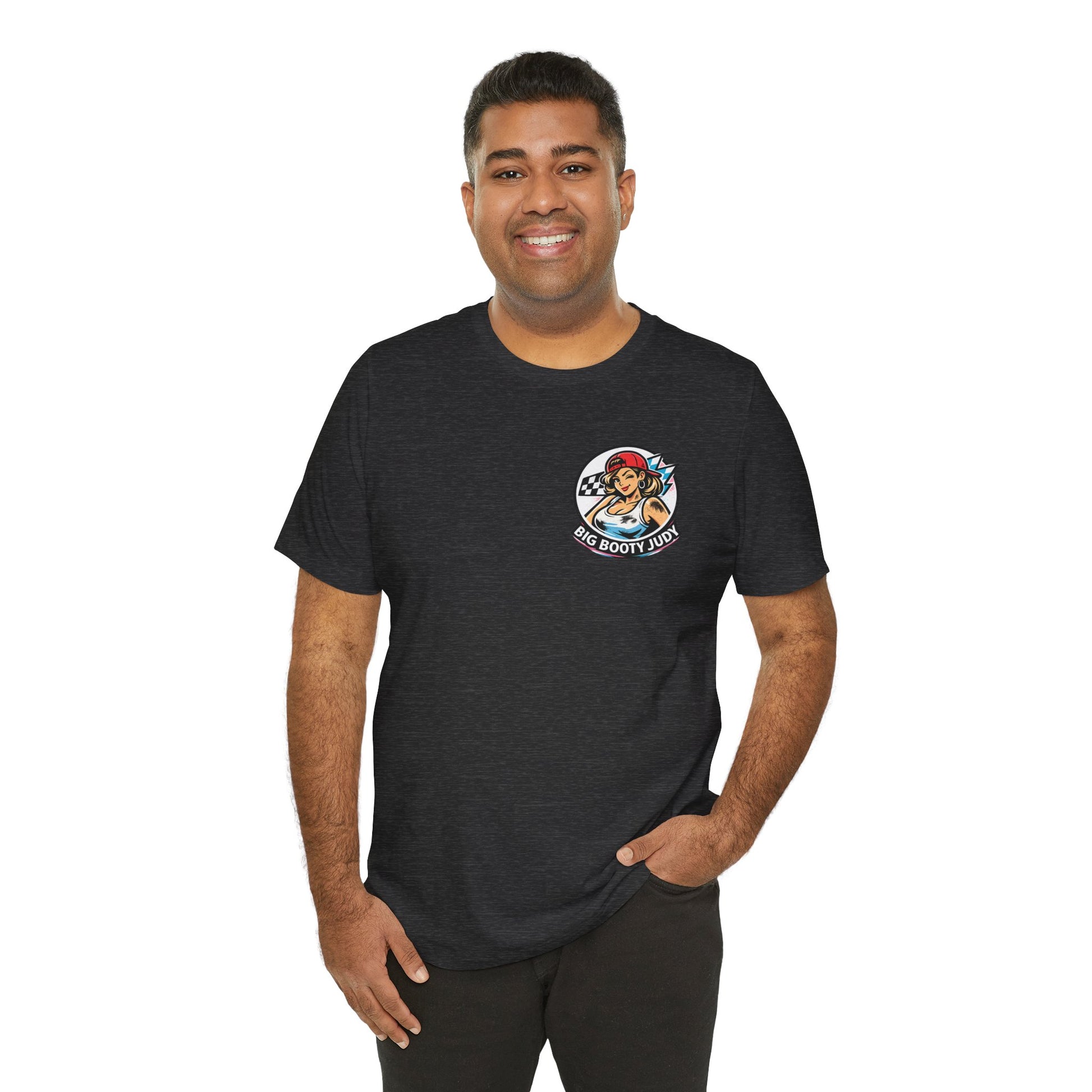 Man wearing a black t-shirt with a 'Big Booty Judy' logo on a white background
