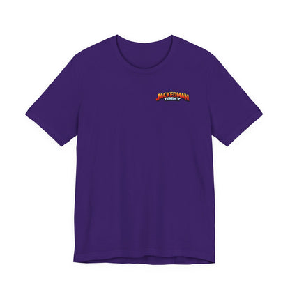 Purple t-shirt with a 'Jackedman Timmy' logo on the chest against a white background