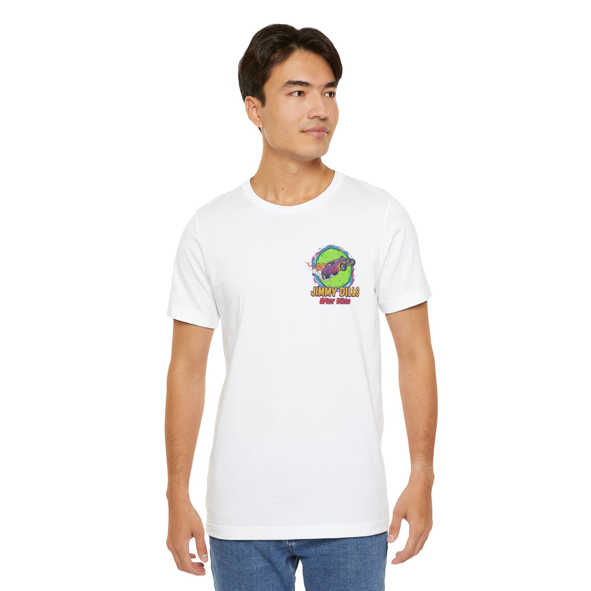 Man wearing a white t-shirt with a colorful graphic design 'Jimmy Dills Spicy Dills' on a white background