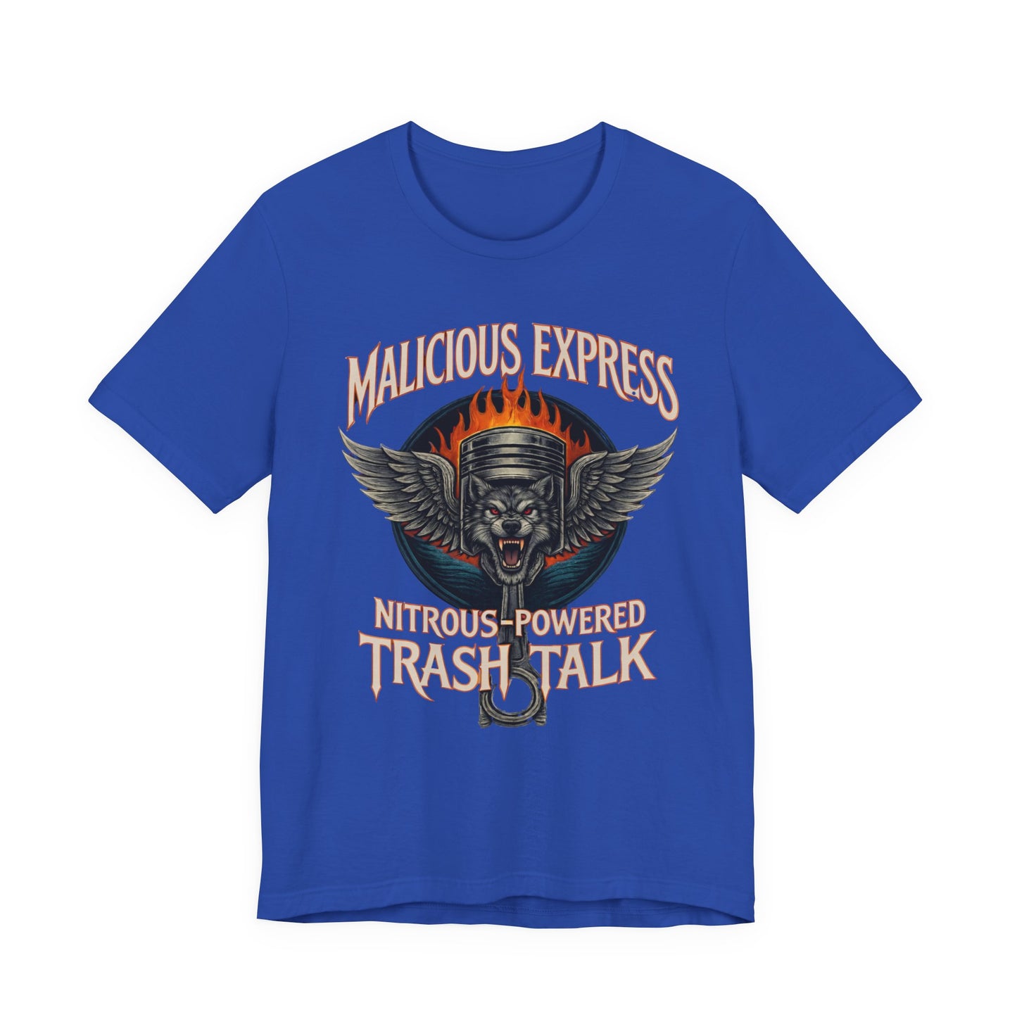 Blue t-shirt with graphic design and  'Malicious Express Nitrous-Powered Trash Talk' text on a white background
