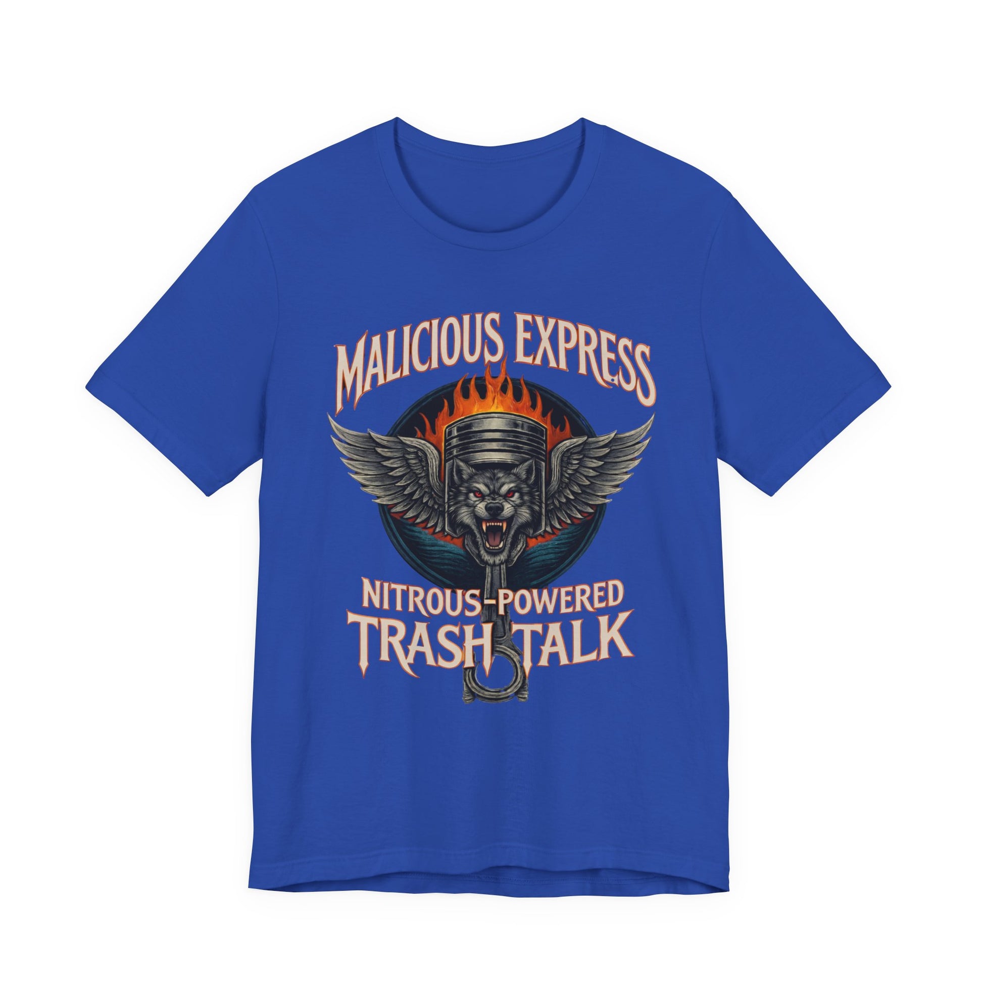 Blue t-shirt with graphic design and  'Malicious Express Nitrous-Powered Trash Talk' text on a white background