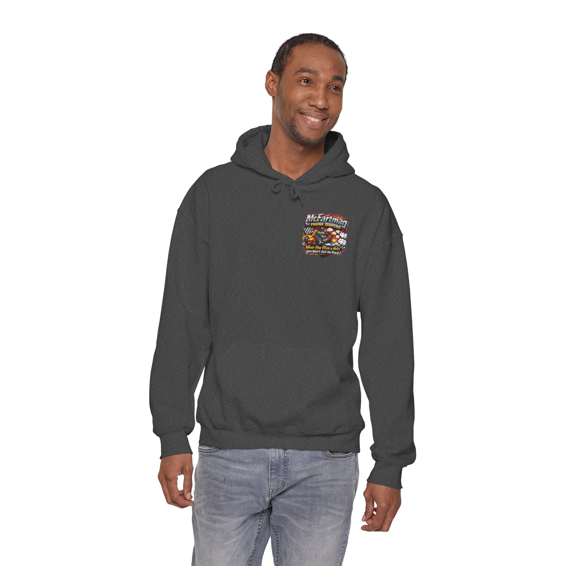 Man wearing a dark gray hoodie with a graphic design 'McFartman Engine Diapers' logo on a white background