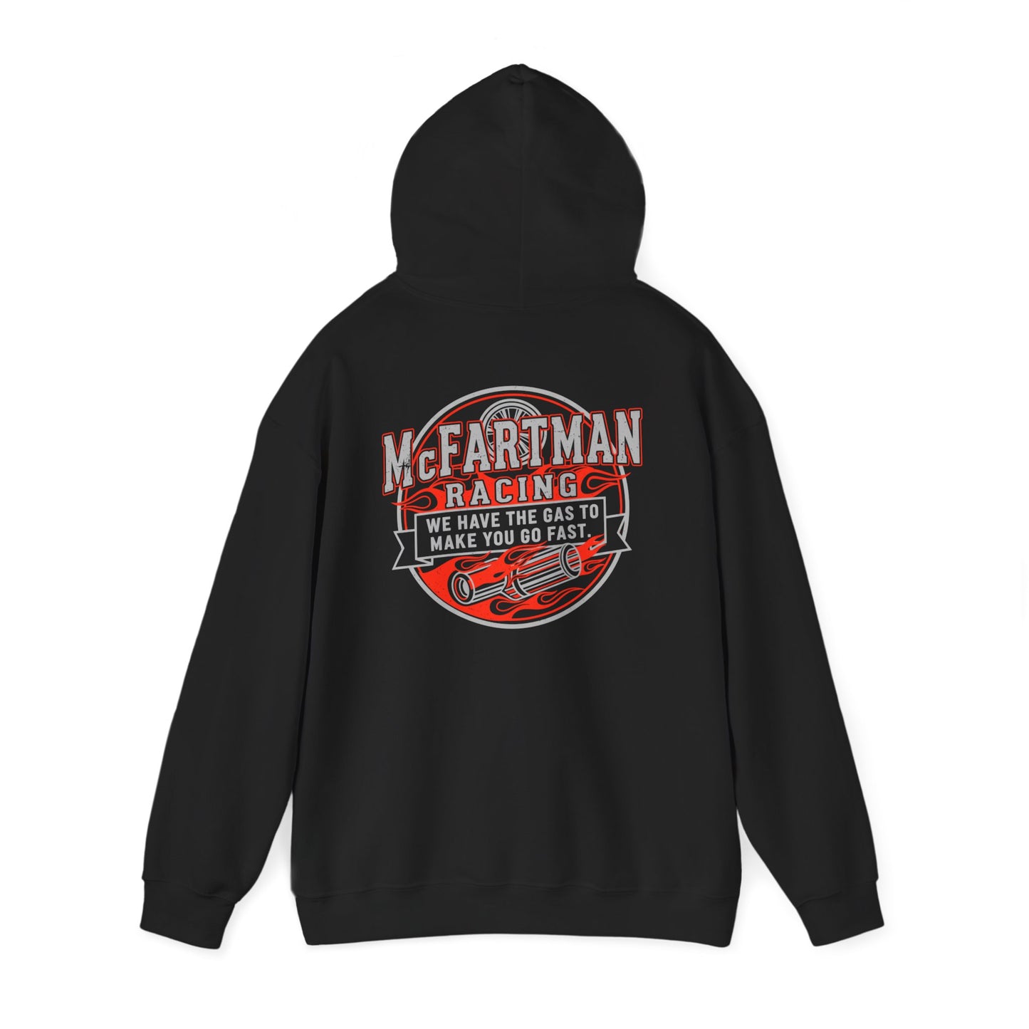 Black hoodie with 'McFartman Racing' graphic on the back against a white background